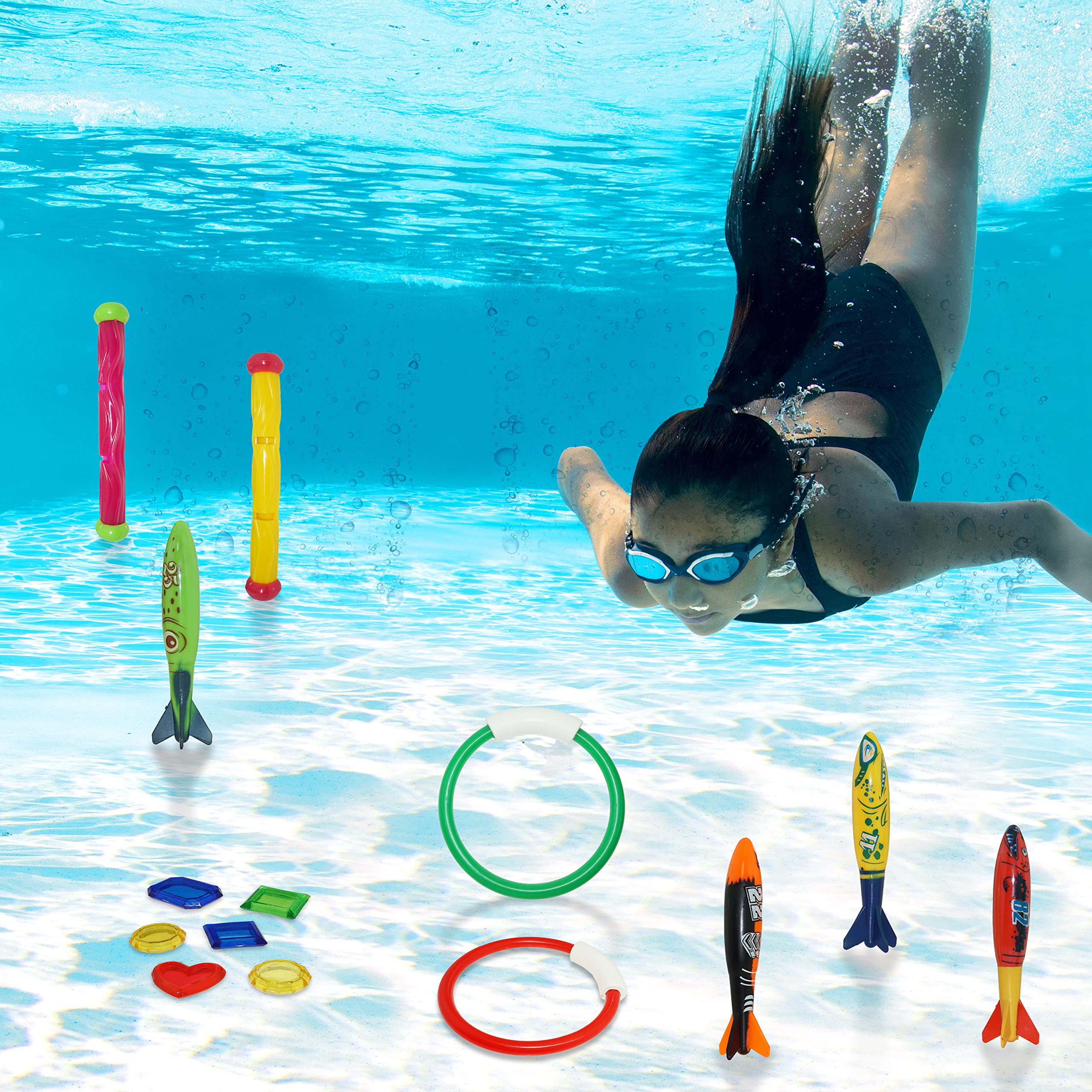 JOYIN 18Pcs Diving Pool Toys for Kids, Swimming Pool Toy with Storage Bag Includes 4 Pool Rings, 4 Diving Sticks, 4 Bandits, 6 Treasures Underwater Swim Pool Games for Ages 8-12