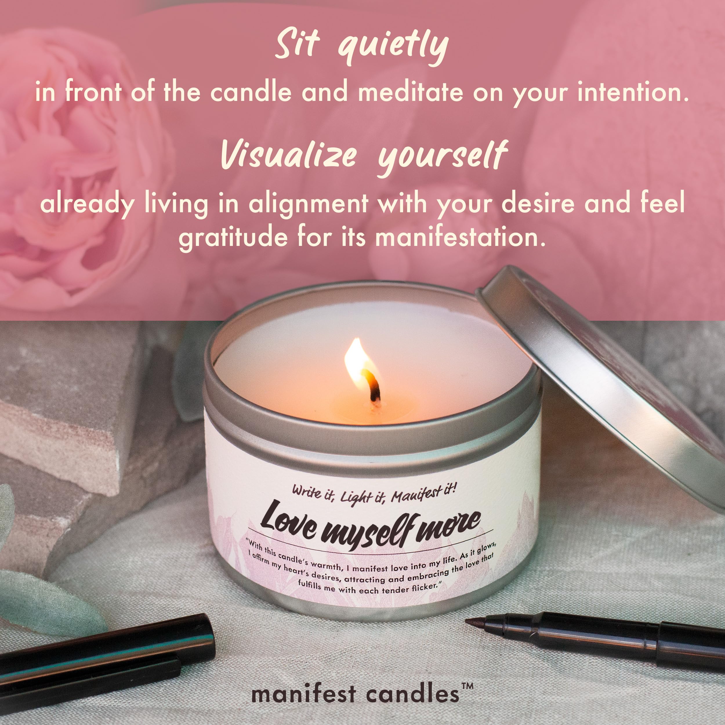 Manifest Candles 7oz Love Candle to Attract Love - Rose & Sage Scented - Love Attraction & Manifestation - Spiritual Meditation Candle with Manifestation Love Crystals Bracelets for Women