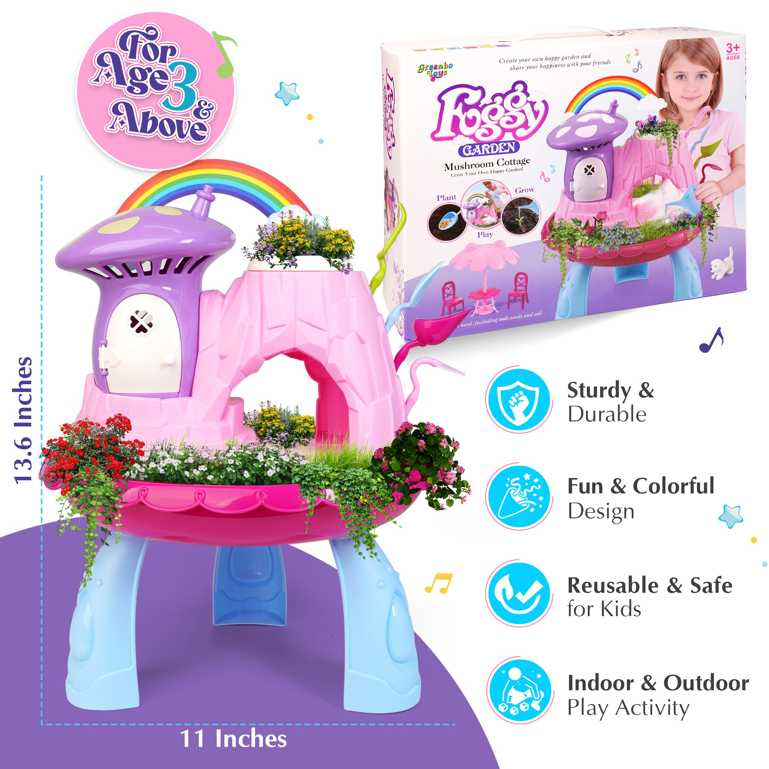 Greenbo Kids Fairy Garden Kit | Indoor & Outdoor Fairy Toy Gardening Set with House, Mist, Music, Light & Tools | Fairy Garden Kit for Kids to Grow, Play, and Learn | For Girls & Boys of Ages 3 and Up