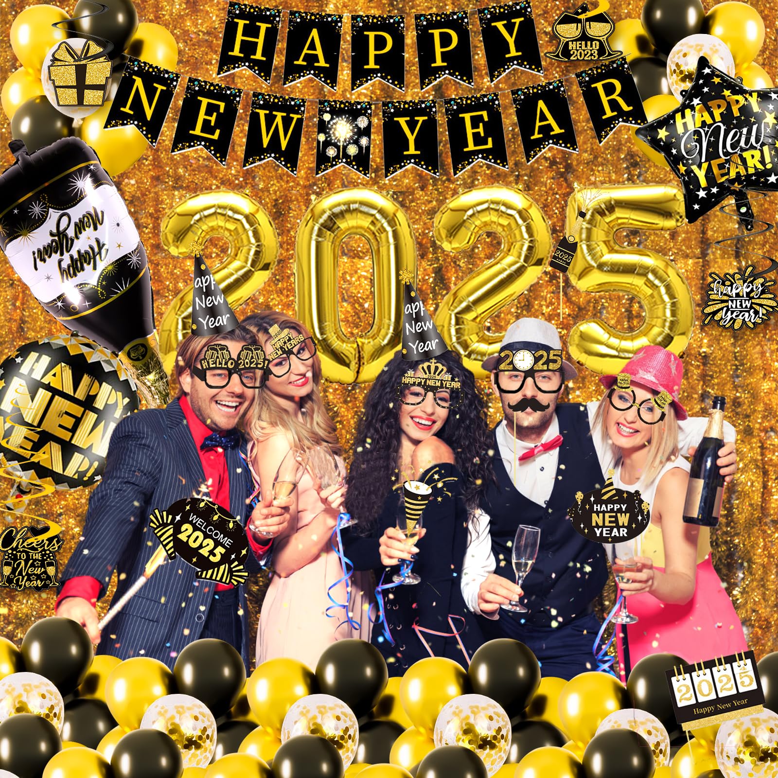 New Years Decorations 2025, New Years Eve Party Supplies 2025 Happy New Year Balloons 2025 NYE Party Kit with Cone Hats & Eyeglasses, Photo Props Happy New Year Banner Foil Curtain Hanging Swirls