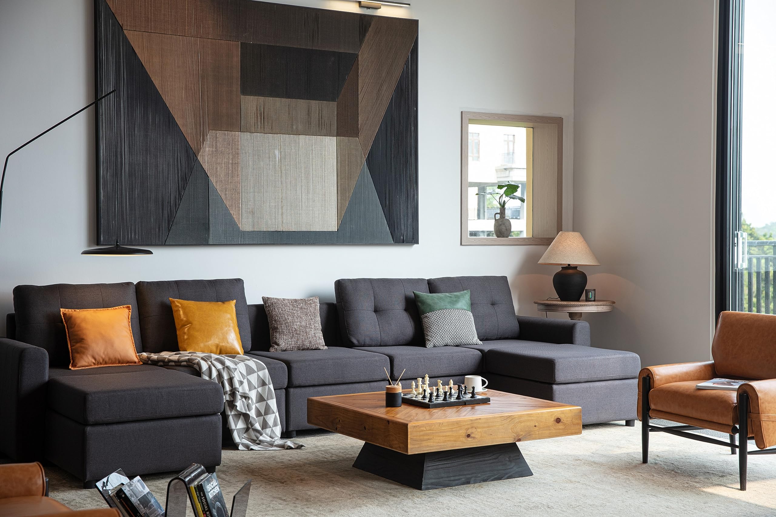 LINSY HOME Oversized Modular Couch, Rubik III 6 Seat Convertible Sectional Sofa with Chaise, U Shaped Sleeper Sofa with Storage, All Covers Changeable Washable, Dark Grey