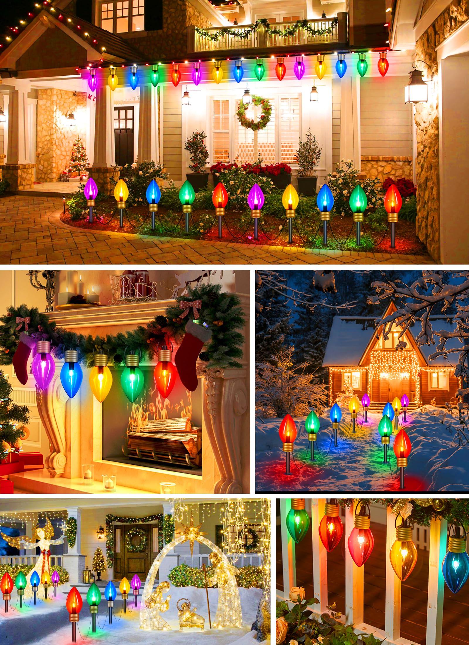 Christmas Lights Jumbo C9 Outdoor Lawn Decorations with Pathway Marker Stakes, 2 Pack 8.5 Feet String Lights Covered Jumbo Multicolored Light Bulb for Holiday Outside Yard Garden Decor, 10 Lights