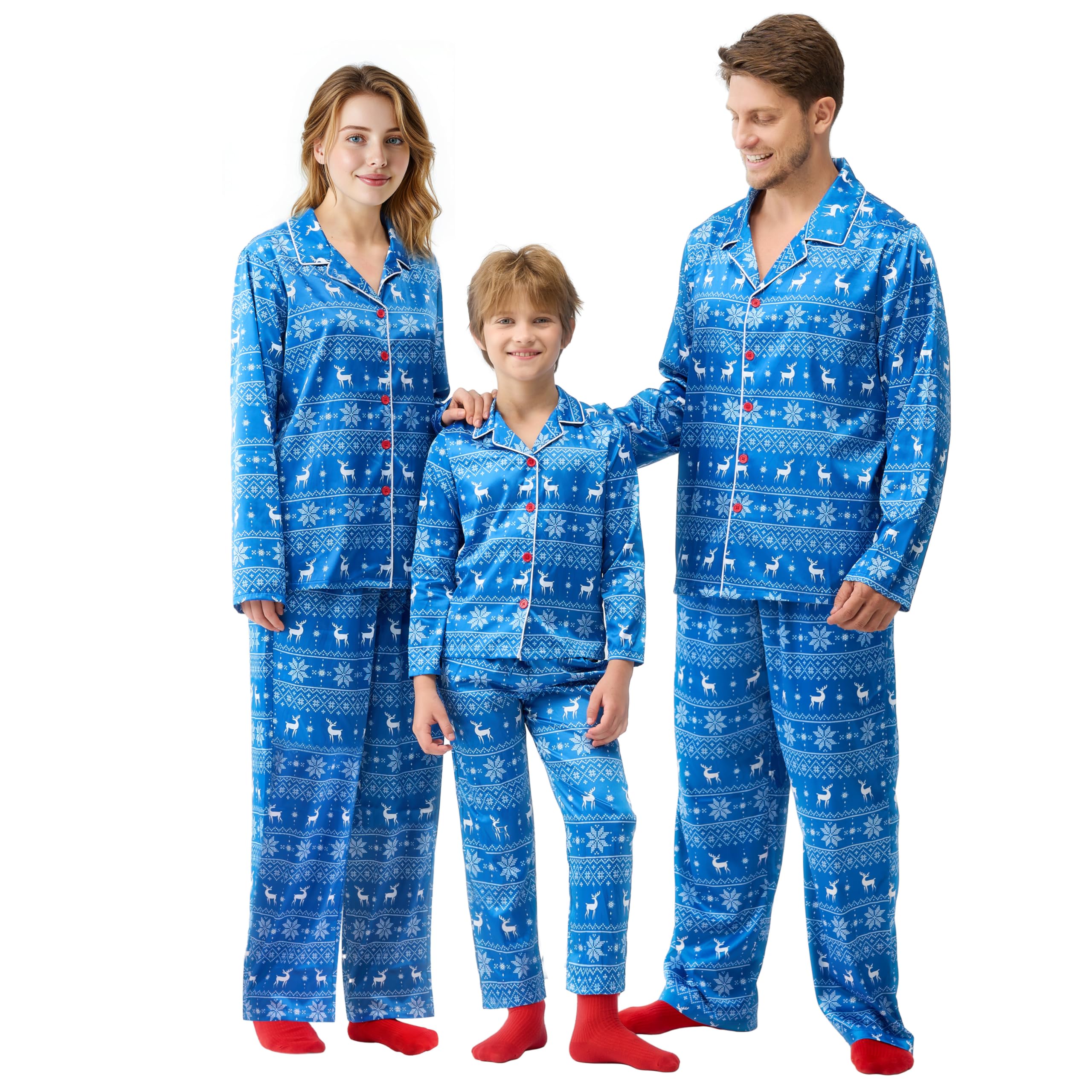 Giggling Getup Adult Christmas Pajamas, Silk Pajama Set with Christmas Pajama Pants and Long-Sleeve Top, for Holiday Pajamas Party-L Blue