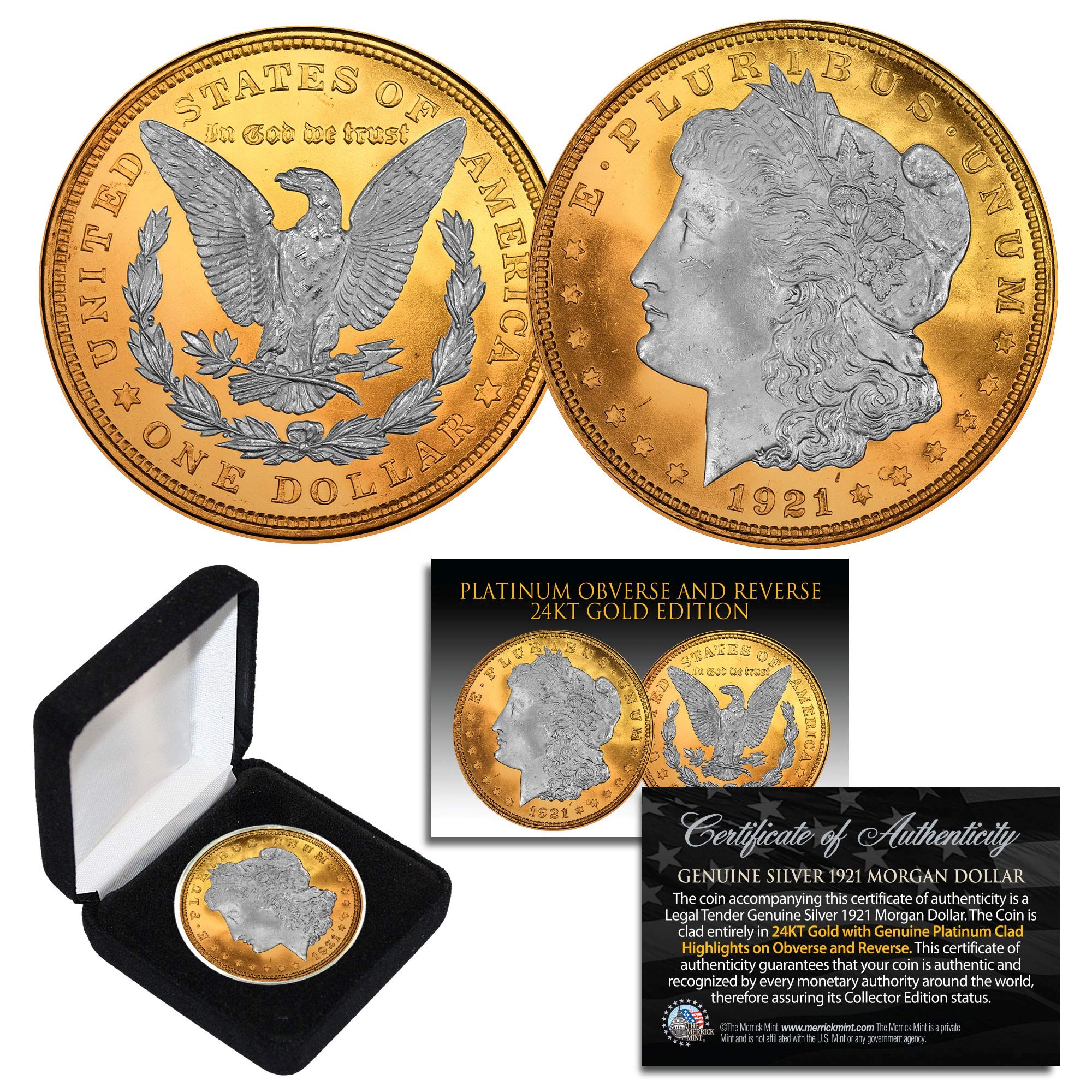 1921 Original AU Morgan Silver Dollar Platinum & 24KT Gold Layered w/Box & CERT