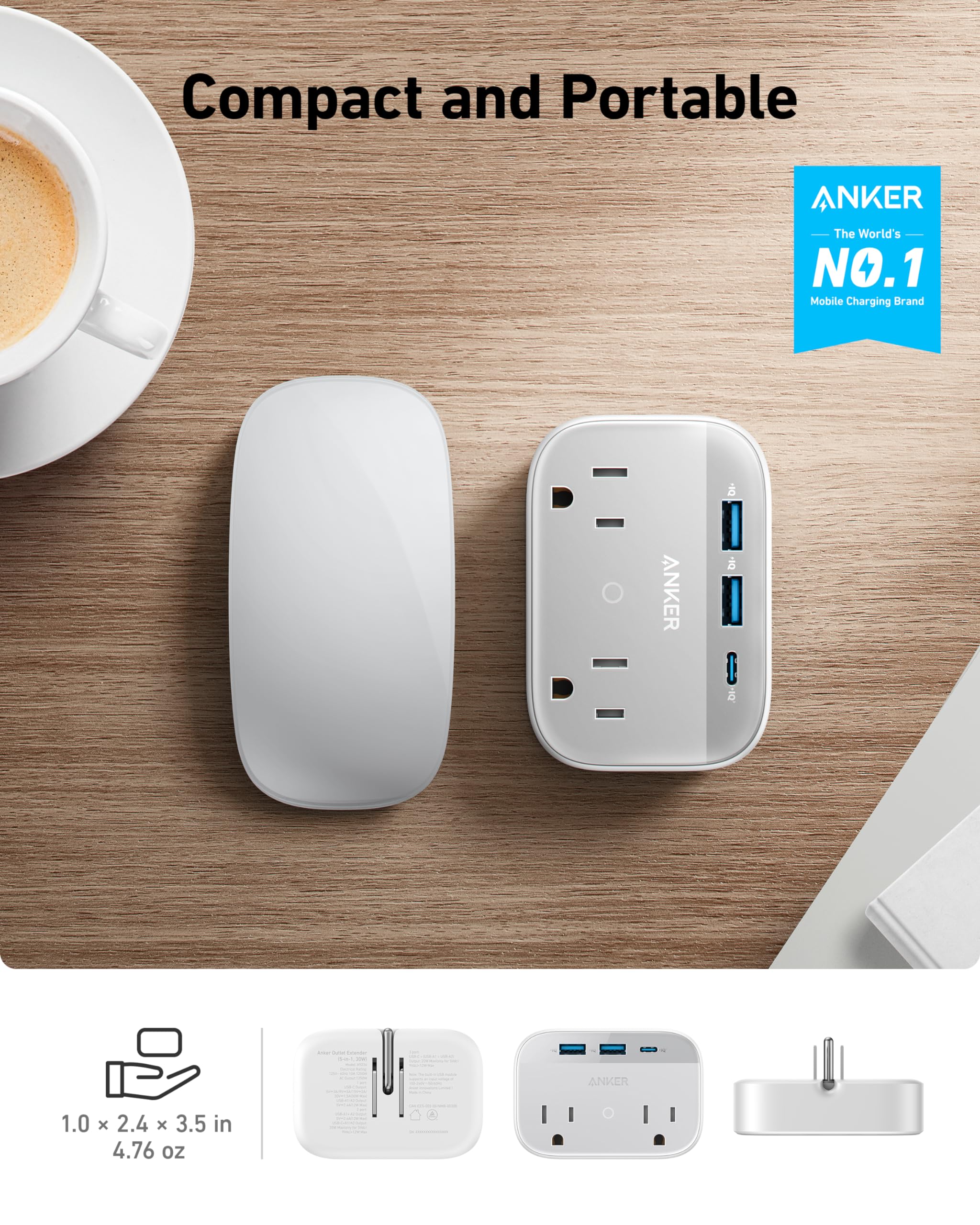 Anker Portable Outlet Extender with Foldable Plug, 5 Multi-Plug Outlet, High-Speed 30W USB C Power Delivery, Compatible with iPhone 15/15 Plus/15 Pro/15 Pro Max,Compact for Travel, Home, TUV Listed