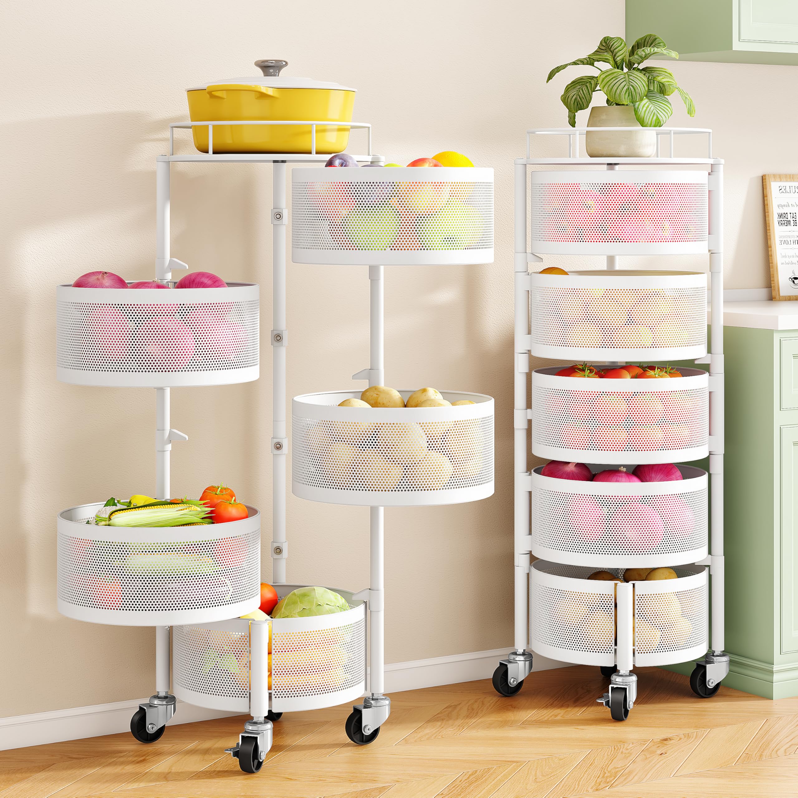 SNTD Fruit and Vegetable Basket Bowls for Kitchen with Metal Top Lid, 5 Tier Rotating Storage Rack Cart for Potato Onion Banana, Wire Basket Organizer on Wheels, Large (White)