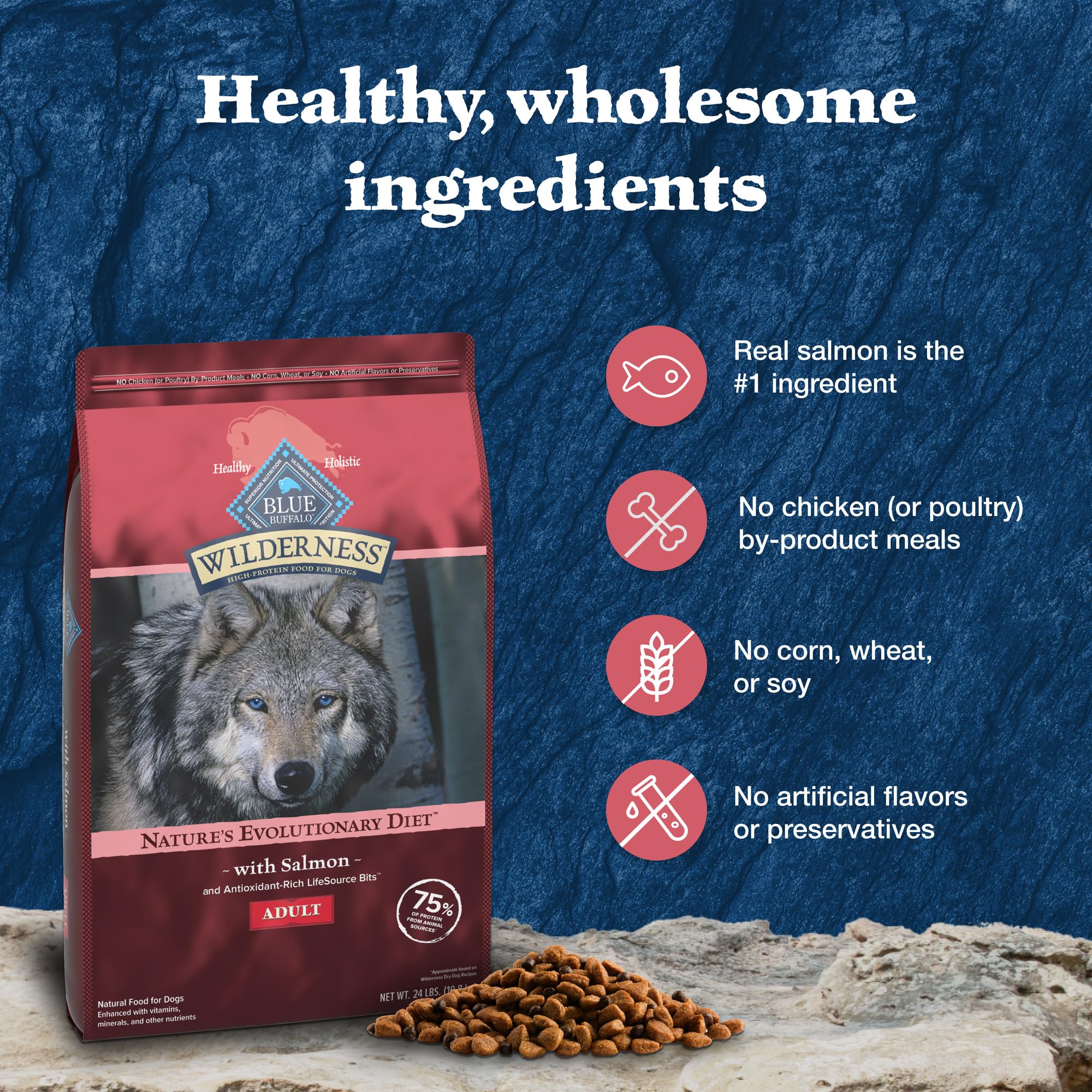 Blue Buffalo Wilderness Adult High-Protein Dry Dog Food Natural Salmon WITH WHOLESOME GRAINS