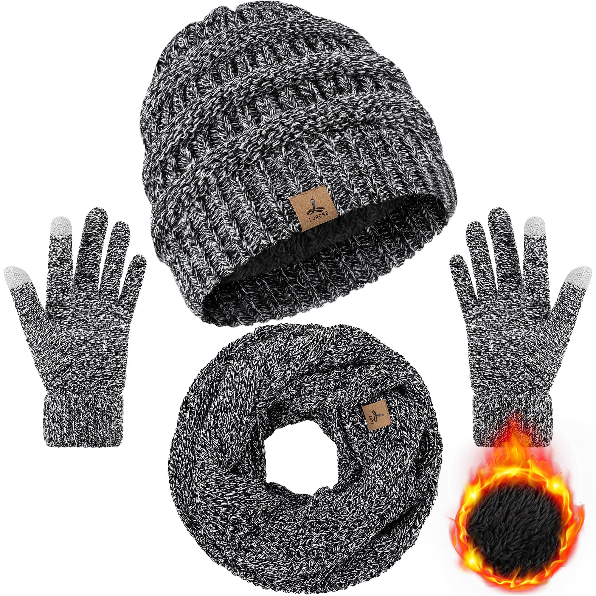 Winter Beanie Hat Scarf Gloves, Warm Fleece Knit Winter Hats Touch Screen Gloves Neck Scarf Set Winter Gifts for Unisex Adult Black and White