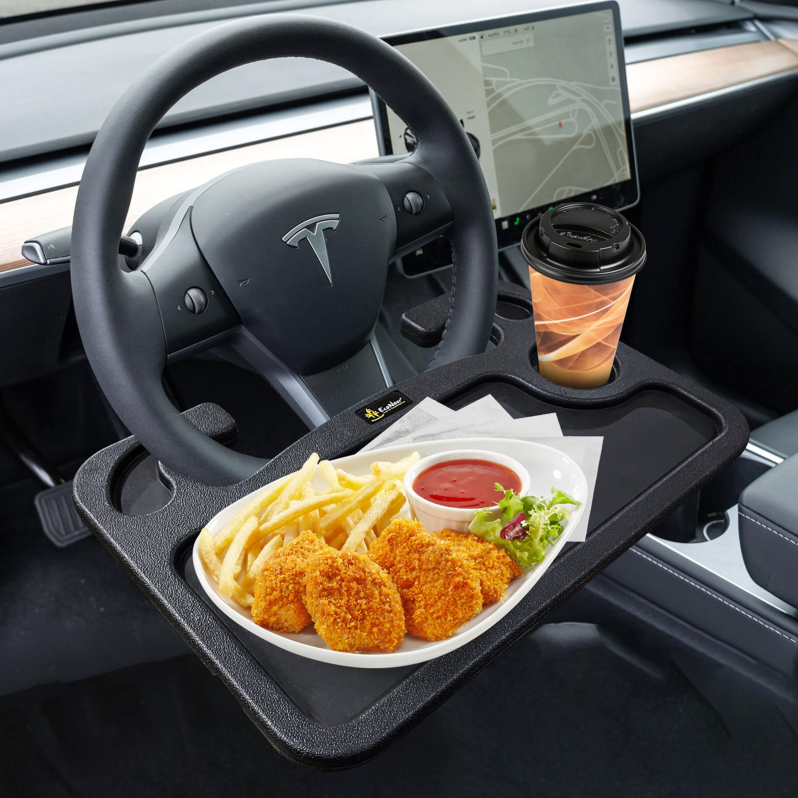 EcoNour 2 in 1 Upgraded Steering Wheel Desk | Car Food Tray for Eating with Drinks Holder | Steering Wheel Tray for Laptop | Car Model Accessories for Tesla, Ford, Prius, Toyota