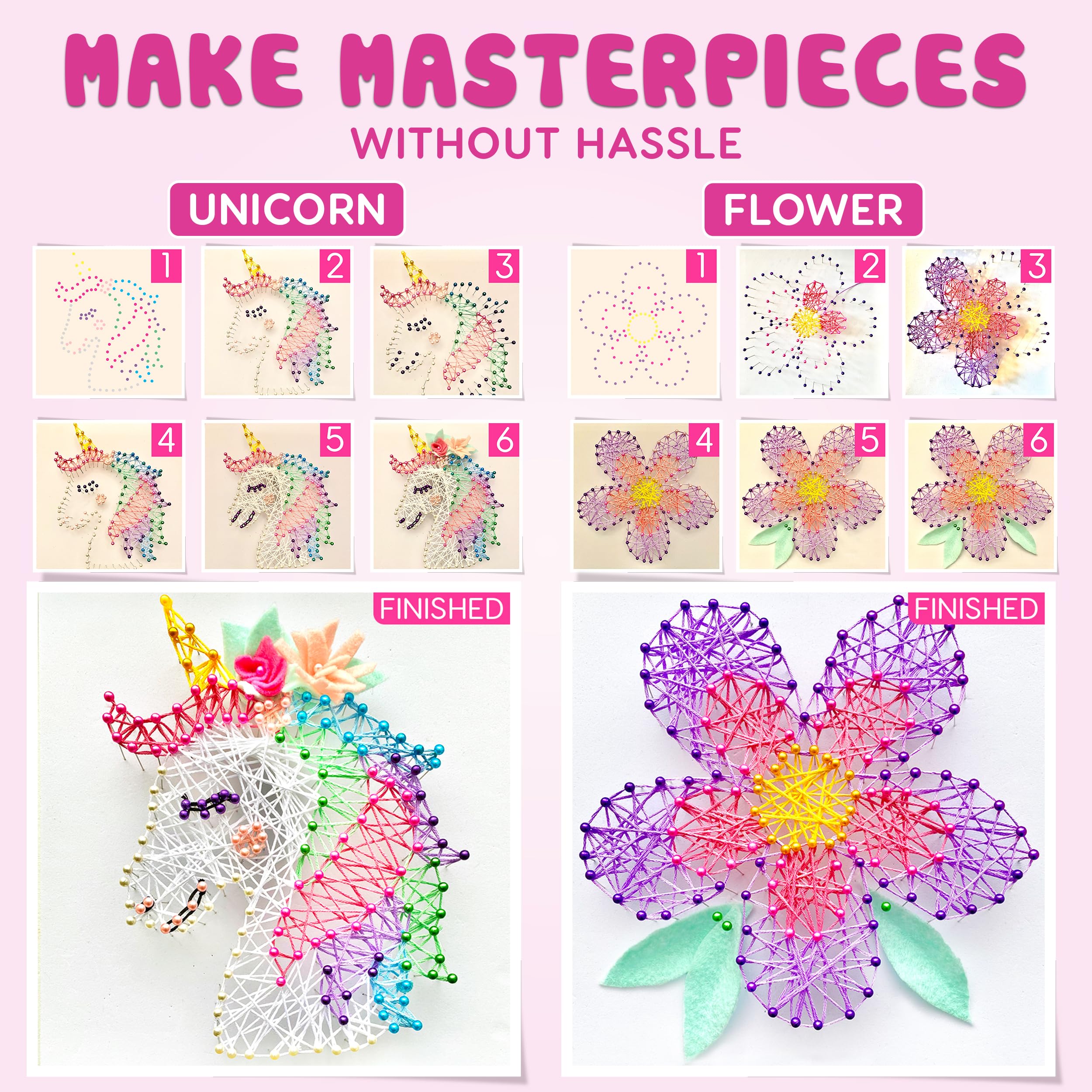 Hapinest String Art Craft Kit for Kids Ages 10-12 and Up, 3D String Art Kit Crafts for Teens, Birthday Gifts for Tween Girls Ages 10 11 12 Years Old and Up, Makes 3 Designs - Unicorn, Cat, and Flower