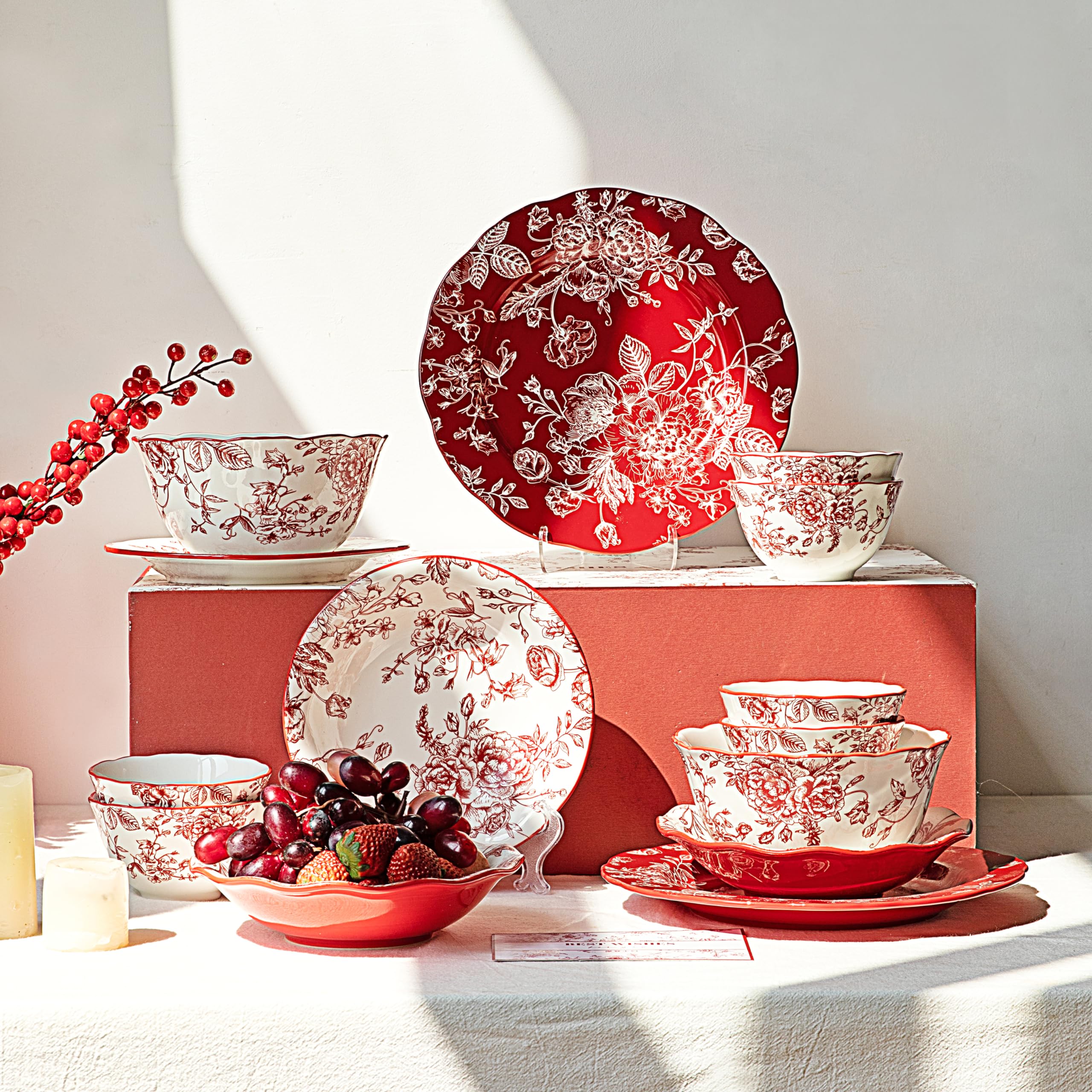 MDZF SWEET HOME 14-Piece Vintage Rose Holiday Service for 4 Dinnerware Set,Red Rose Plates and Bowls Set,Suit For Wedding,Housewarming,Afternoon Tea