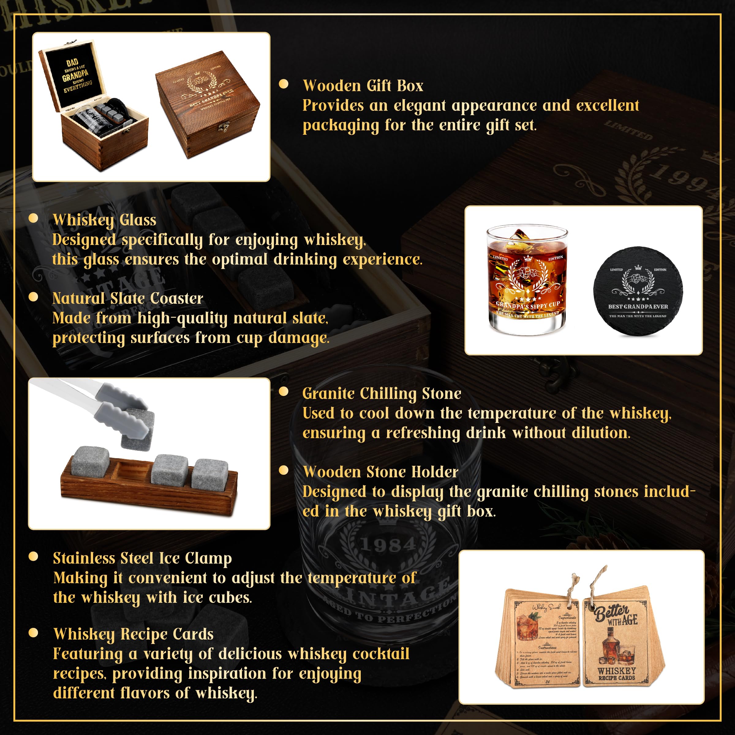 Pagather Grandpa Birthday Gifts Whiskey Set, Best Grandpa Presents from Grandson and Granddaughter, Include Wood Box, Recipe, Stones, Coaster, Stone Holder, Clamp