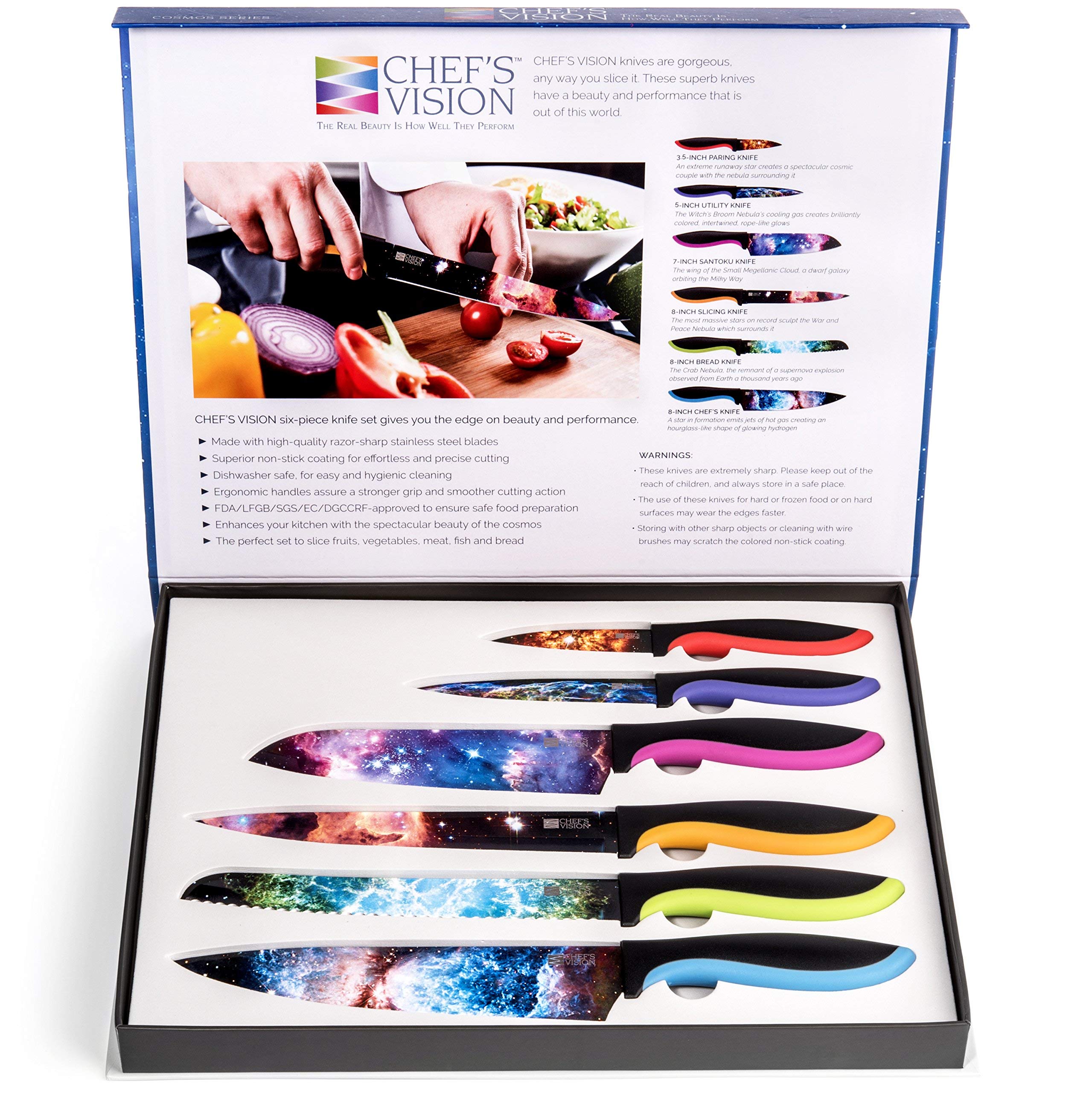 CHEF'S VISION Cosmos Knife Set - 6-Piece Stainless Steel Cutting Knives Set for Kitchen with Vibrant Cosmos Design - Great House Warming Gift for Women or Men - Unique Kitchen Knife Set Gift