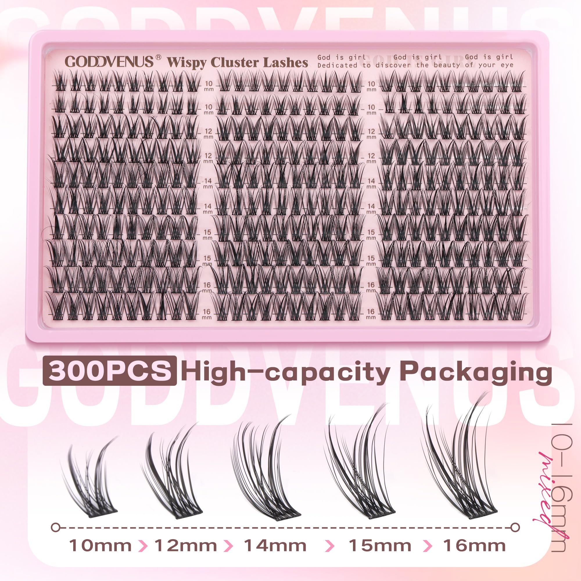 Goddvenus Eyelash Extensions Wispy Natural DIY C Curl Individual Lashes Clusters Black 10-16mm 300pcs