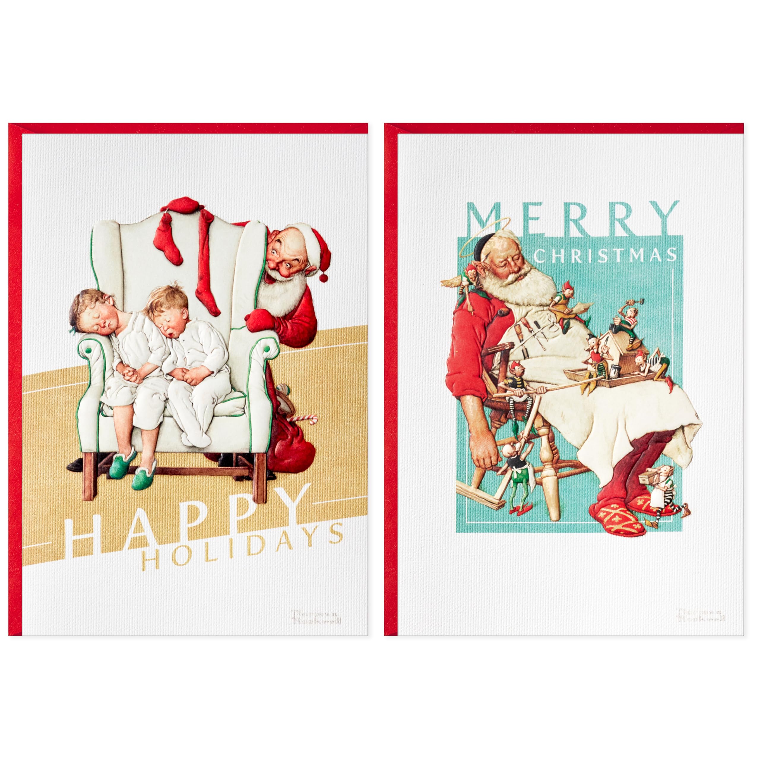 Hallmark Norman Rockwell Boxed Christmas Cards (40 Cards and 40 Envelopes) Snoozing Santa, Sleepy Kids