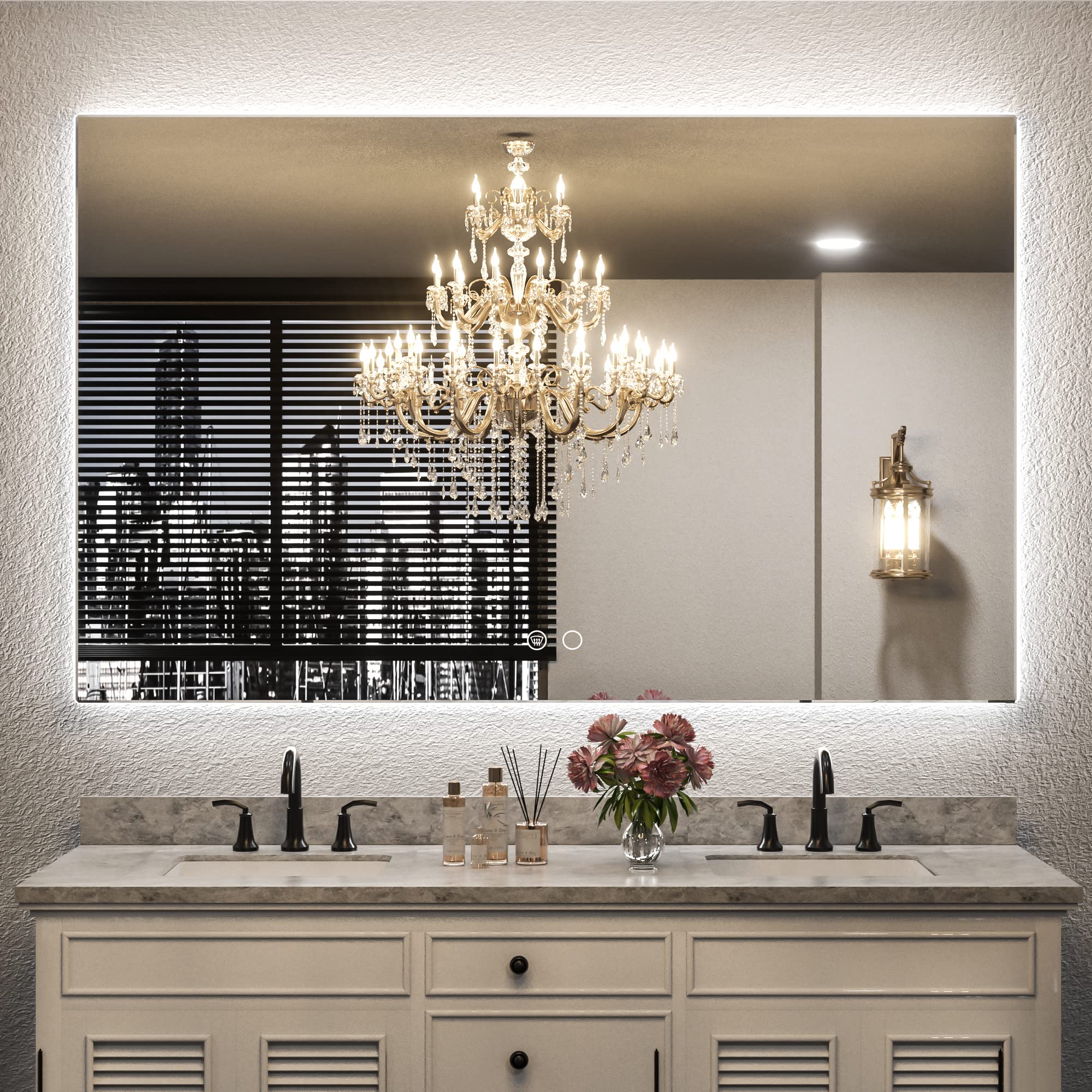 Keonjinn 55 x 36 Inch LED Bathroom Mirror with Lights Backlit Vanity Mirror Large Dimmable Wall Mounted Lighted Bathroom Mirror Anti-Fog Makeup Mirror with Memory Function(Horizontal/Vertical)