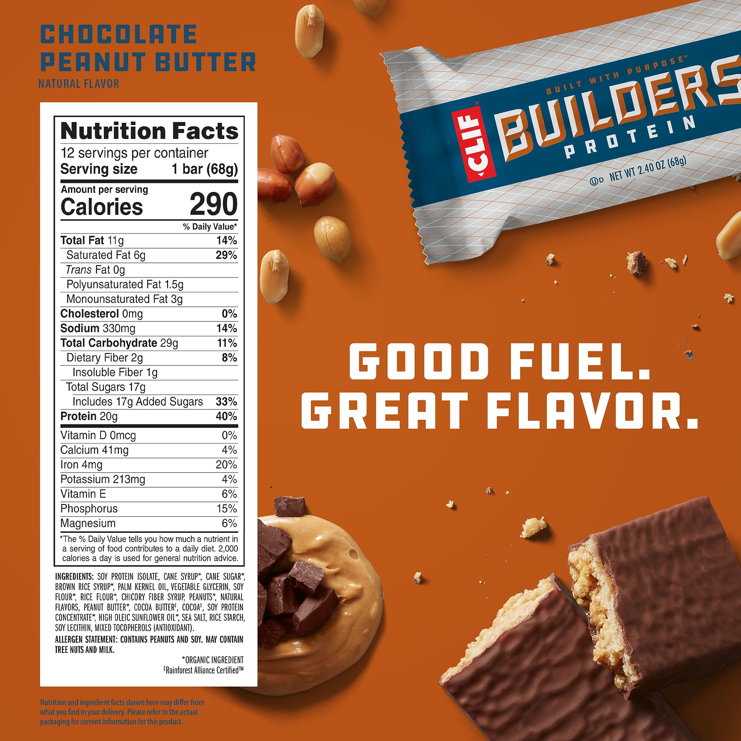 CLIF Builders - Chocolate Peanut Butter Flavor - Plant Based Protein Bars - Gluten Free - Non-GMO - Low Glycemic - 20g Protein - 2.4 oz. (12 Pack)