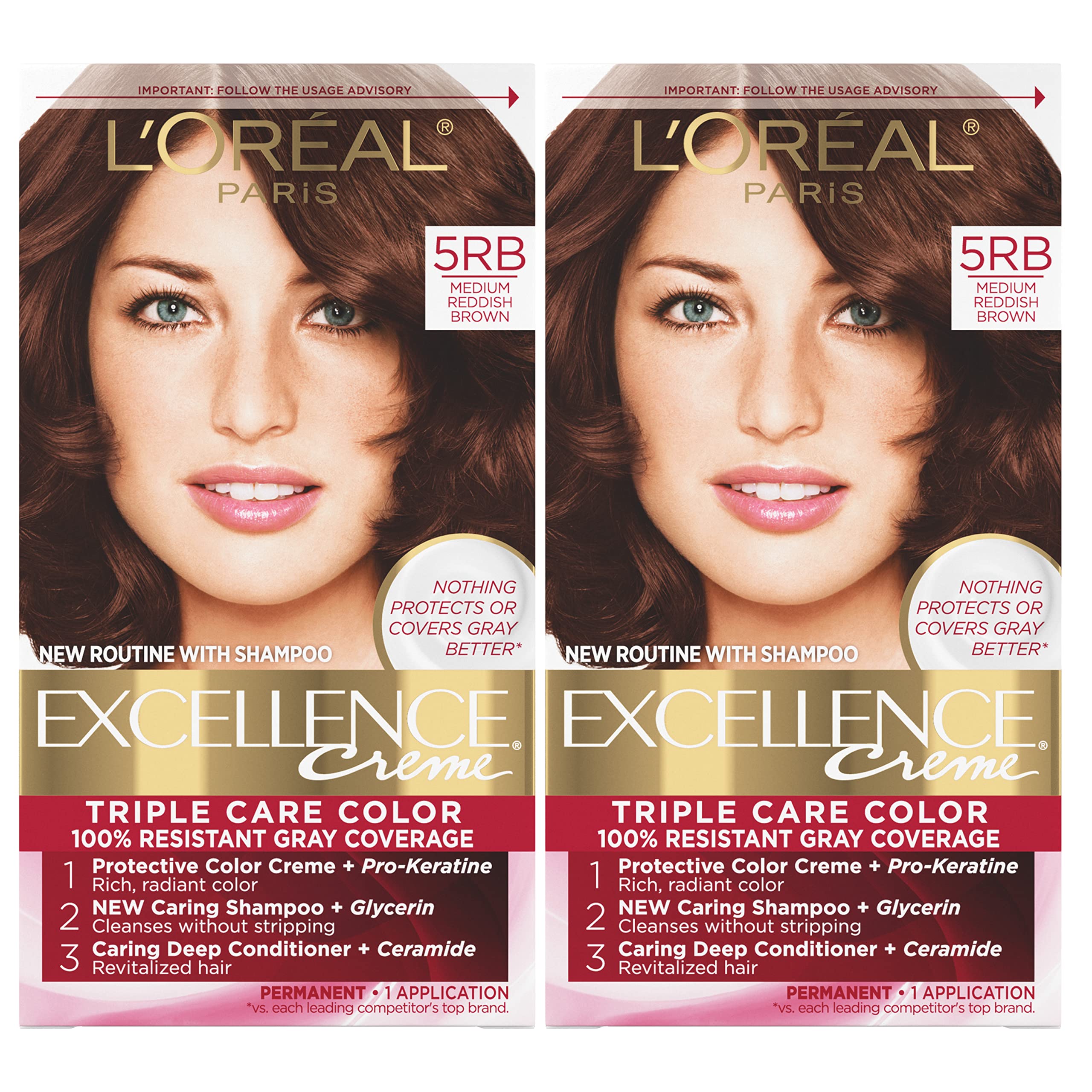 L'Oreal Paris Excellence Creme Permanent Hair Color, 5RB Medium Reddish Brown, 100 percent Gray Coverage Hair Dye, Pack of 2