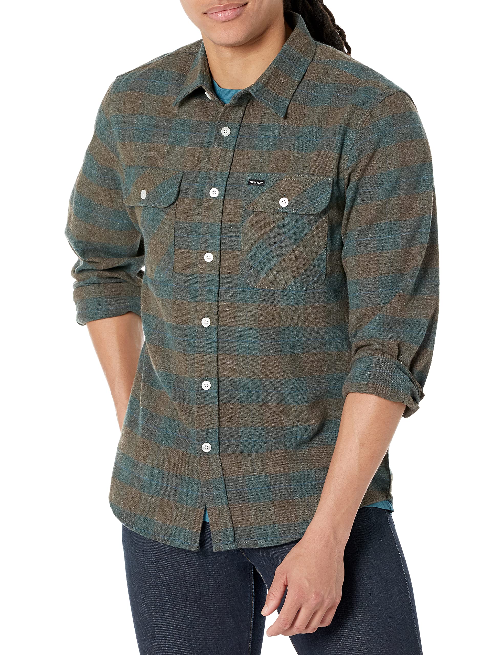 Brixton mens Bowery L/S Flannel Button Down Shirt, Ocean, Large US