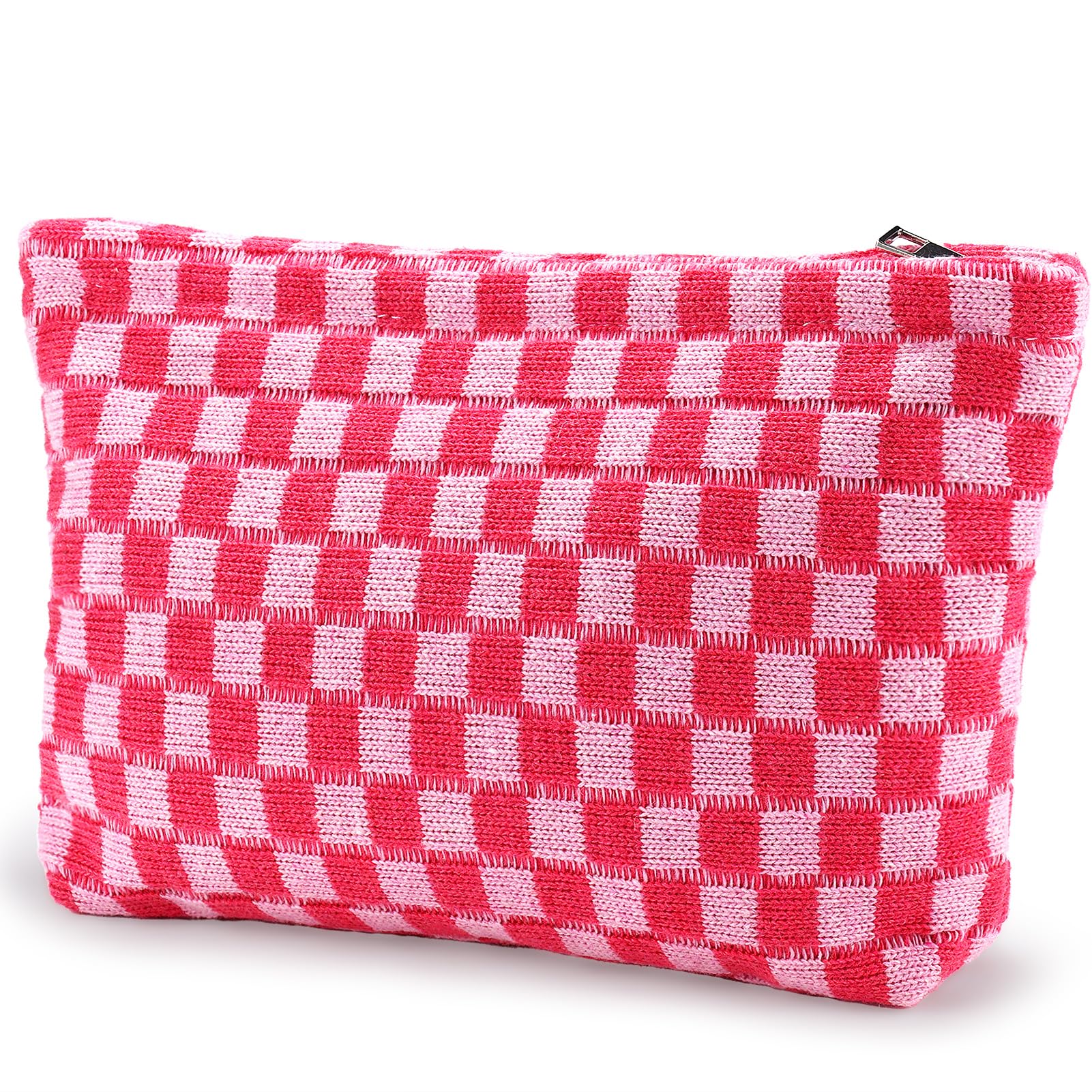 Checkered Makeup Bag for Women Large Capacity Hot Pink Travel Cosmetic Bag Makeup Pouch for Purse Zipper Toiletry Organizer Cute Y2K Aesthetic Trendy Adults Makeup Brushes Storage Bag