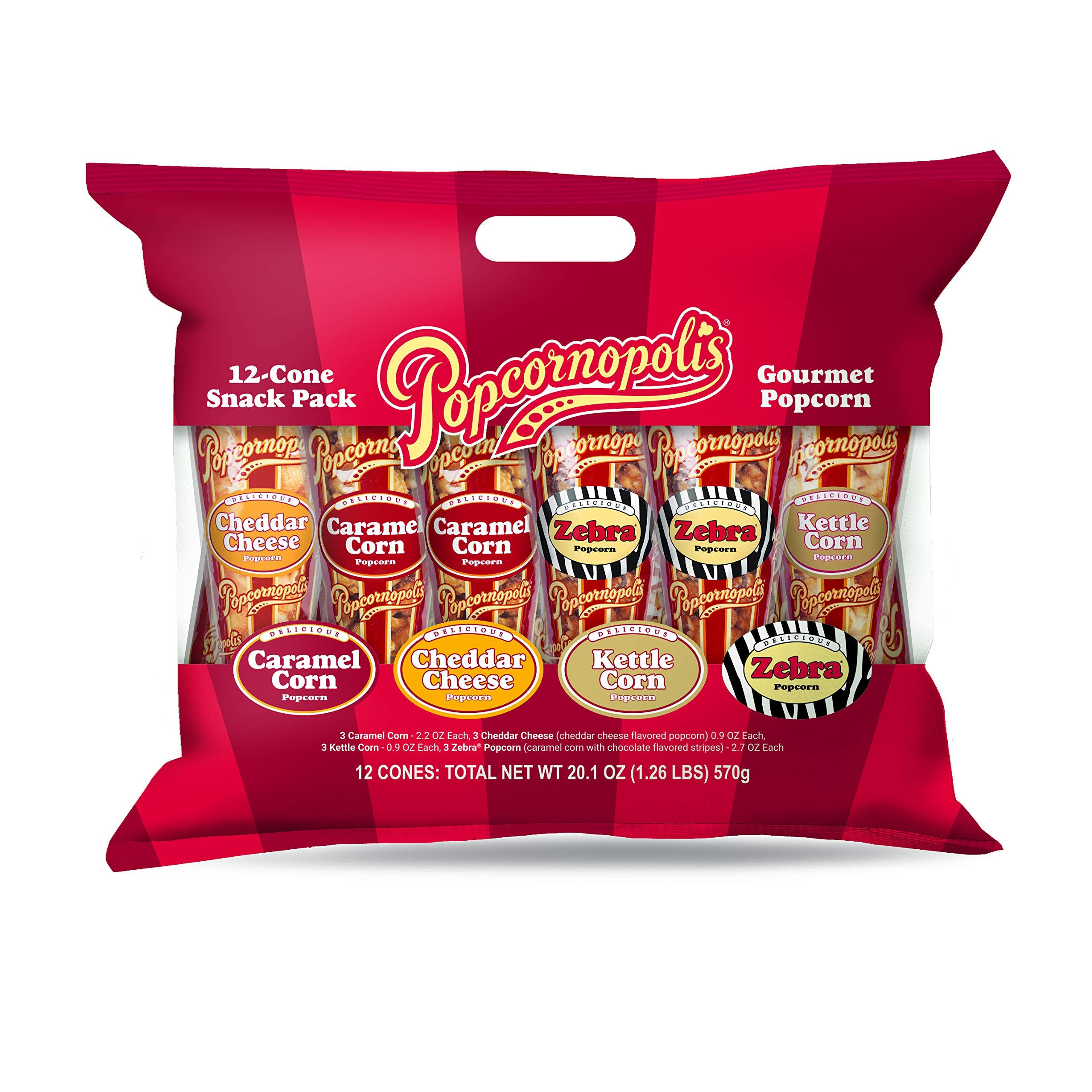 Popcornopolis Gourmet Popcorn Snacks, 12 Cone Variety Snack Packs (Gift Cone), Zebra Popcorn, Cheddar Cheese Popcorn, Caramel Popcorn & Kettle Corn Popcorn