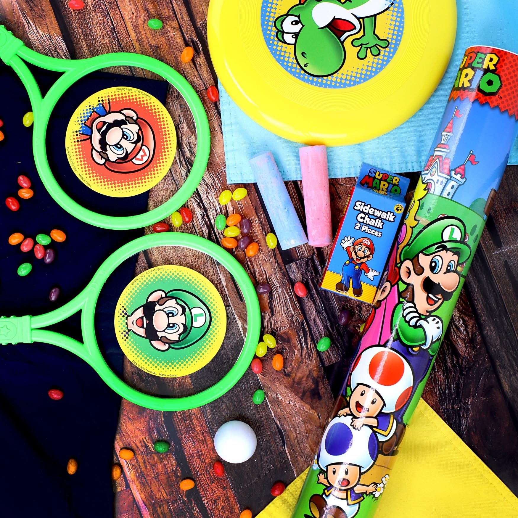 Mario Prefilled Gift Basket with Toys, Jelly Beans Candy and Bonus Mario Tube Topper for Kids, Tweens, Teens