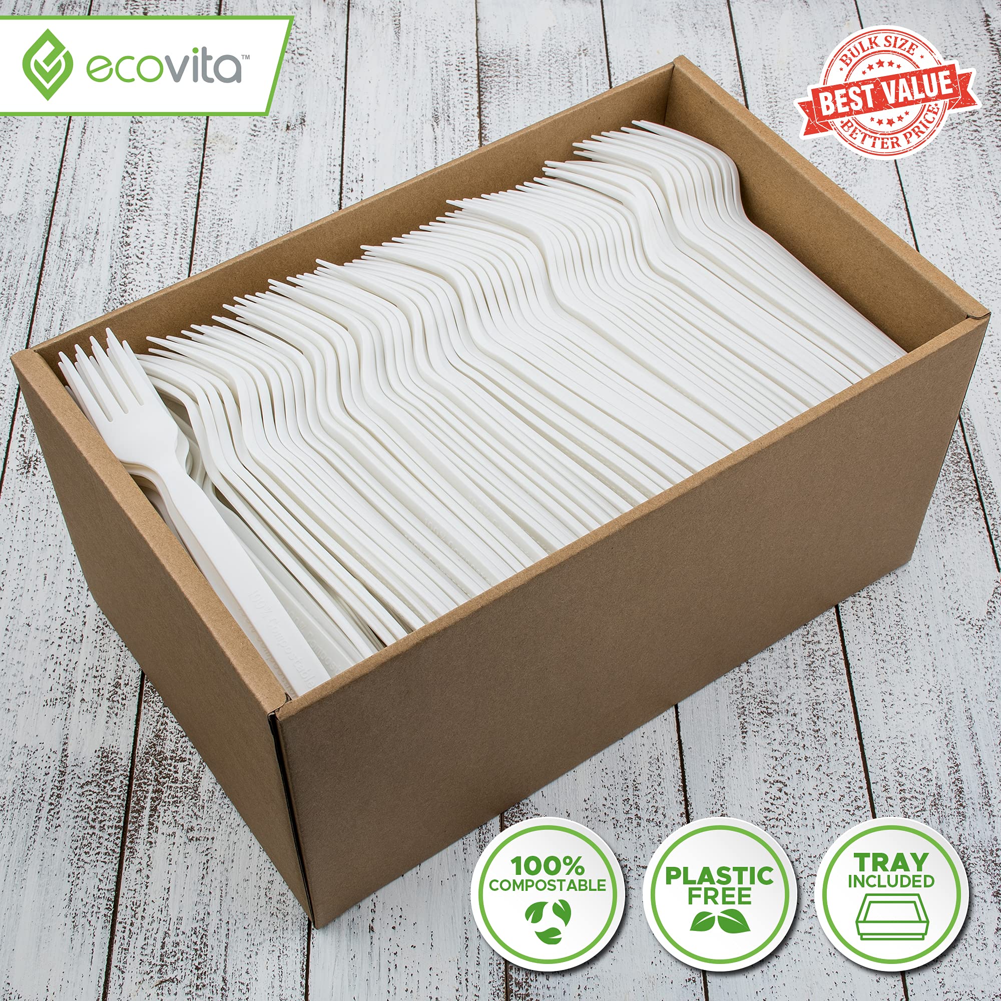 Ecovita 100% Compostable Forks - 500 Large Disposable Utensils (7 in.) Bulk Size Eco Friendly Durable and Heat Resistant Alternative to Plastic Forks with Convenient Tray