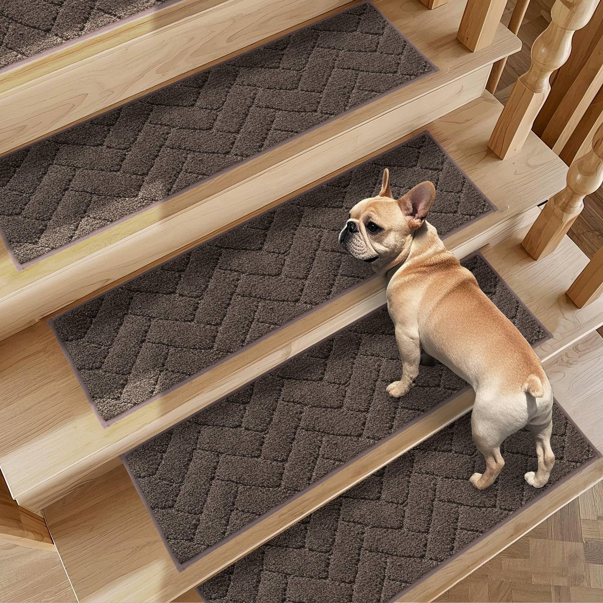 Non-Slip Stair Treads for Wooden Steps Indoor, 4 Pack 9" X 28" Edging Stair Runner with TPE Backing, 0.4" Thick Stair Rugs for Kids Elders & Pets, 100% Polyester Soft Carpet Stair Mats, Brown