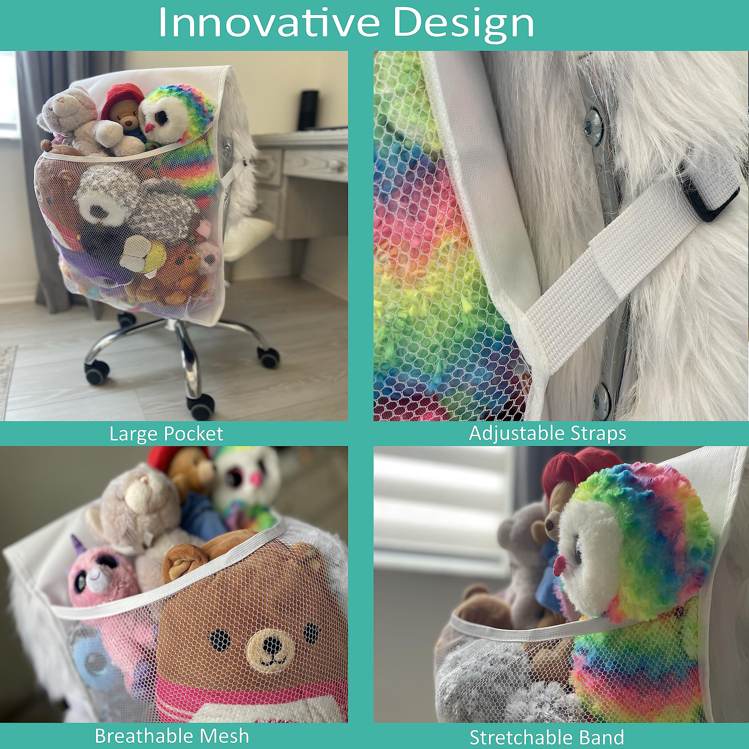 Stuffed Animal Storage Pocket for kids chair, Net & Hammock Holder: Perfect Toy Hammock Organizer for All Plushie & Large Hanging Corner Ideas and Plush Animals Stuff, Stuffed Animal Holder, White