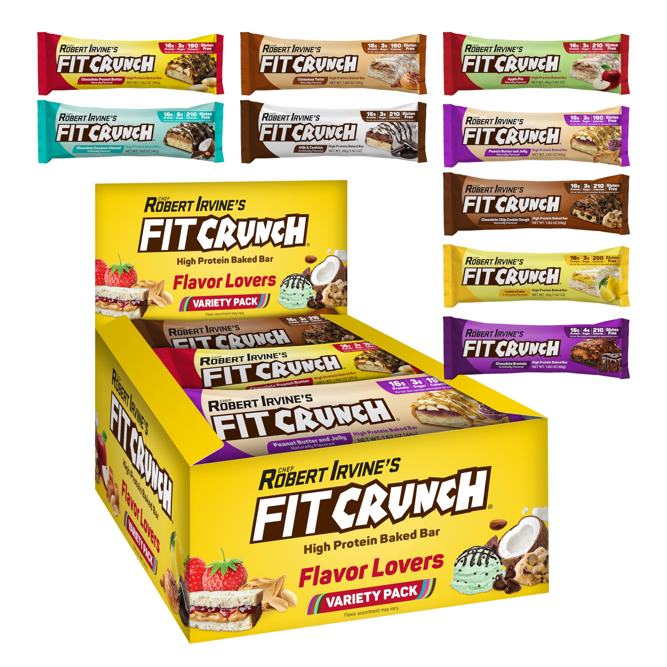 FITCRUNCH Snack Size Protein Bars, 6-Layer Baked Bar, 3g of Sugar, Gluten Free & Soft Cake Core (9 Bars, Flavor Lovers)