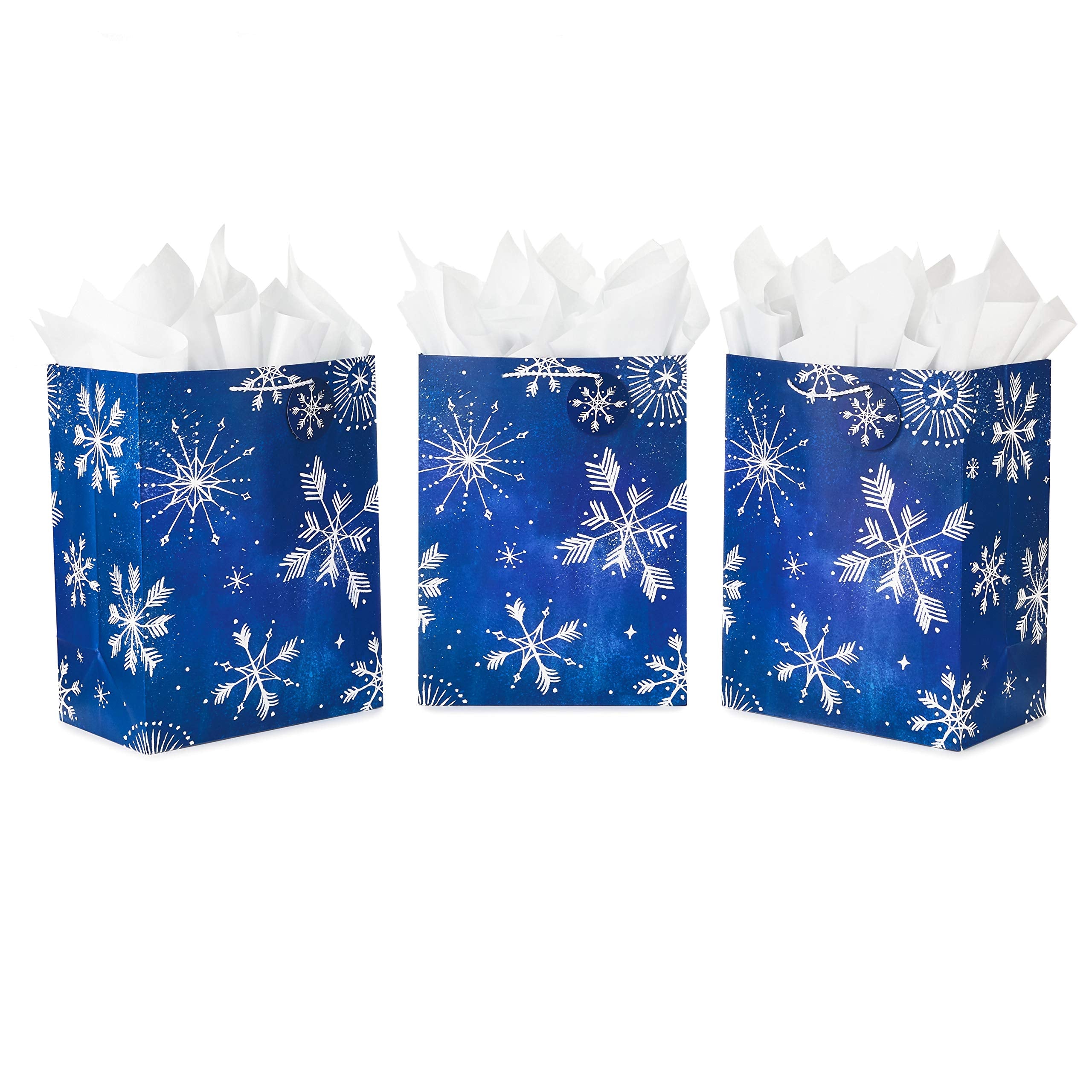 Hallmark 17" Extra Large Blue Gift Bags with Tissue Paper (3 Gift Bags: Starry Snowflakes on Navy) for Winter Weddings, Birthdays, Housewarming Gifts