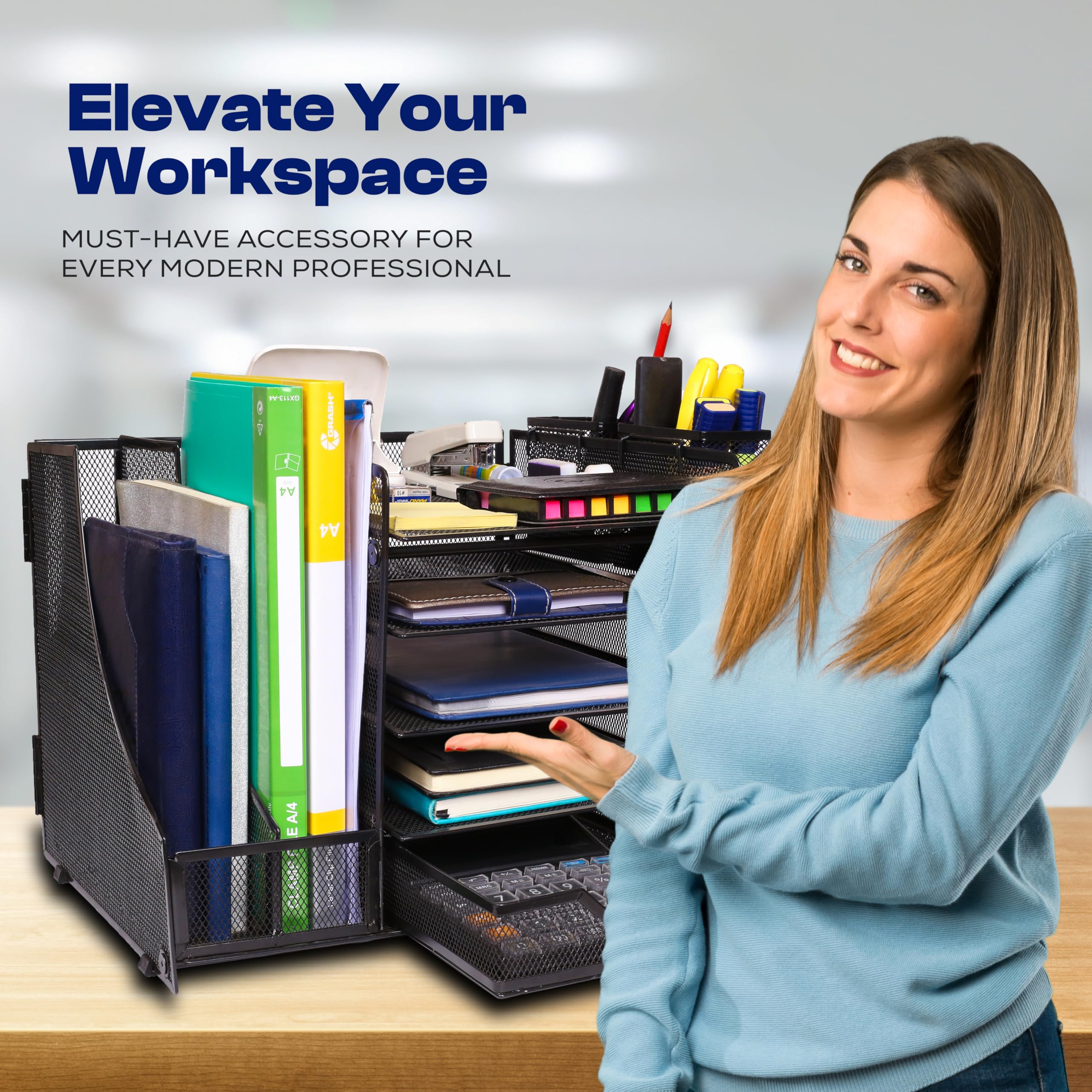 SimArtz 5-Tier Paper Letter Tray Organizer with File Holder - Desk Organizer with Drawer and Pen Holders, Rust-Resistant Metal Mesh Desktop Organizer - Perfect for Home & Office Supplies (Black)