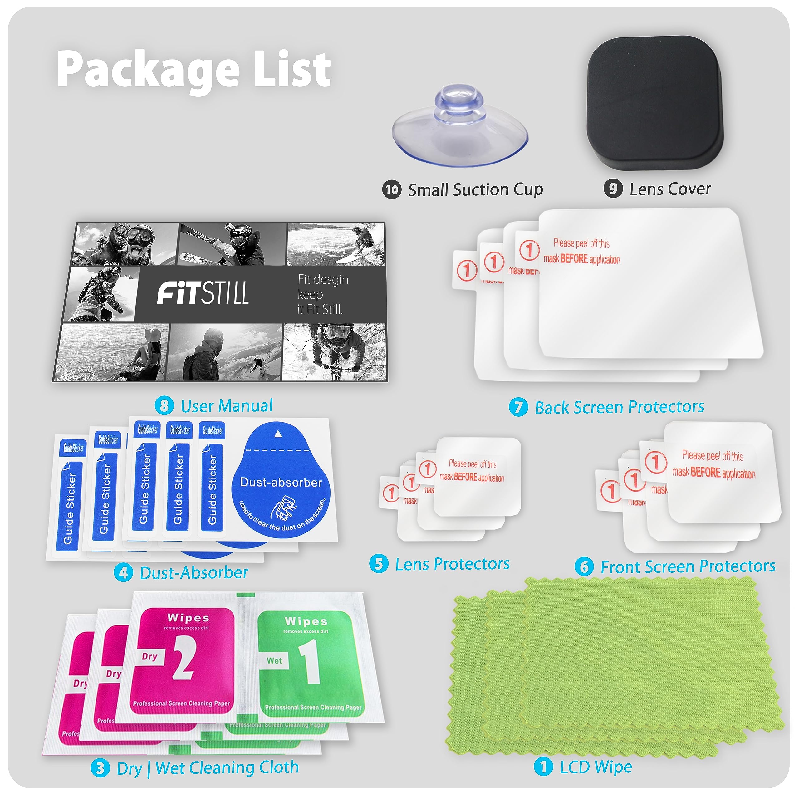 FiTSTILL 10PCS Screen Protector for Go Pro Hero 12/Hero 11/Hero 10/Hero 9 Black,3 Pack Ultra lear Tempered Glass Screen protector+1pcs Rubber Lens Protective cover Accessories Kit