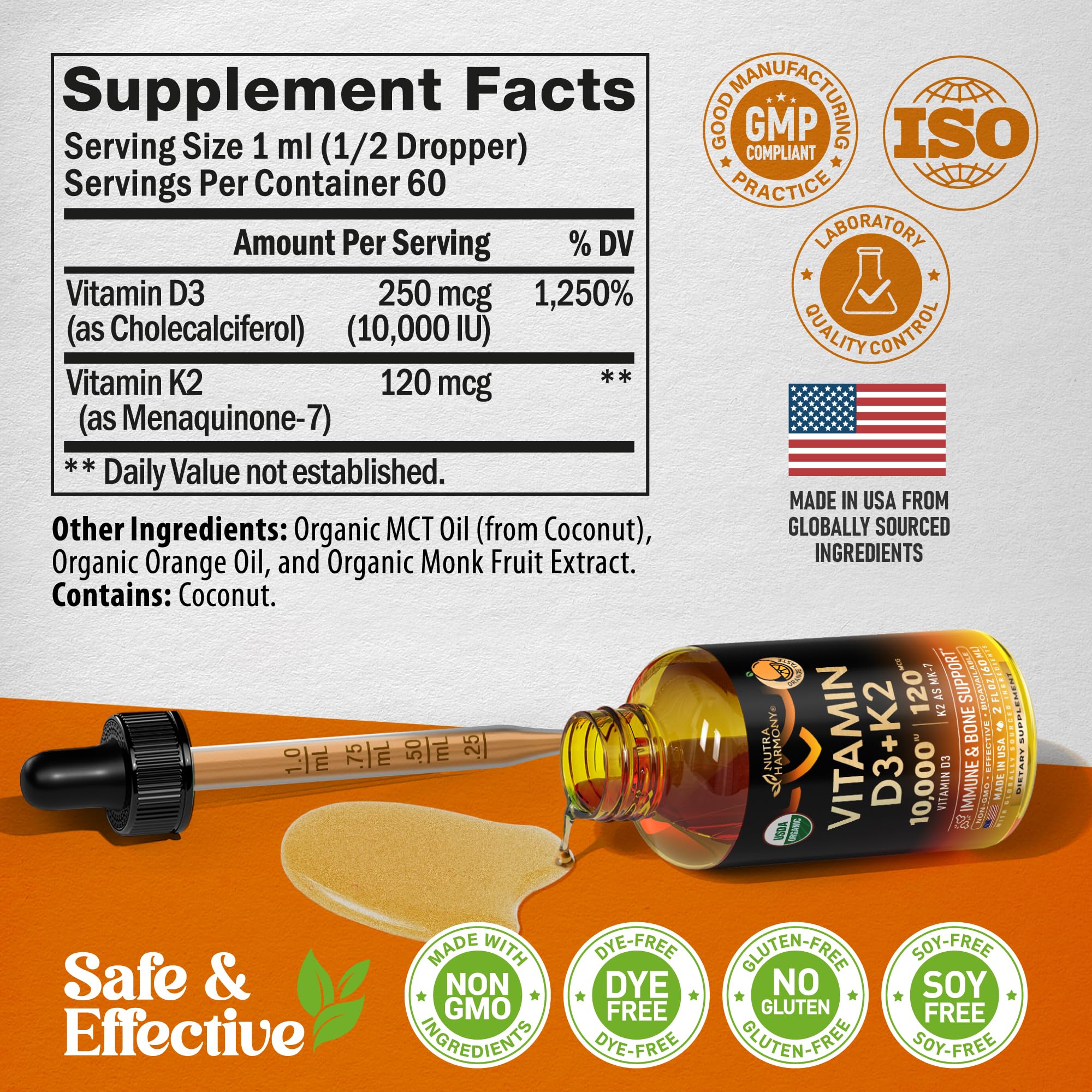 Vitamin D3 K2 USDA Organic Drops - Vitamin D3 10000 IU & K2 as MK-7 120mcg - Immune & Mood Support, Bone & Teeth Health - Sugar-Free Orange Flavor - Liquid Supplement - Made in USA - 2 FL OZ, 60 Days