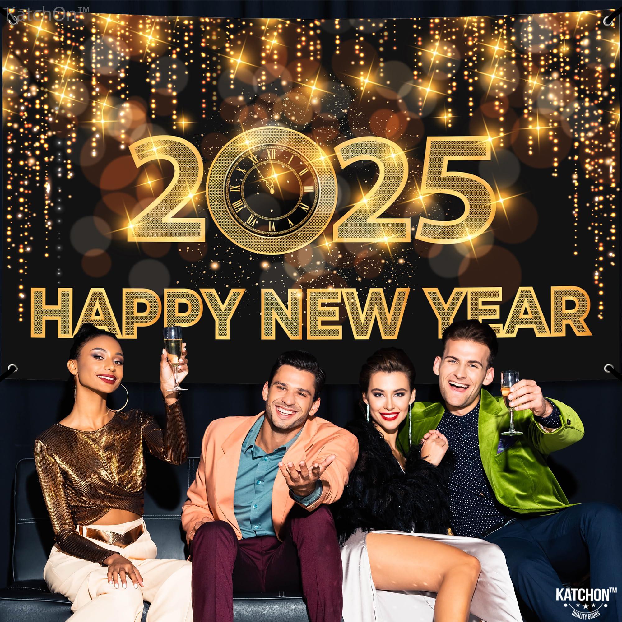 KatchOn, Happy New Year Banner 2025 - Huge 72x44 Inch | New Years Backdrop 2025, Happy New Year Decorations 2025 | New Years Eve Backdrop, New Years Eve Party Supplies 2025 | New Years Eve Decorations