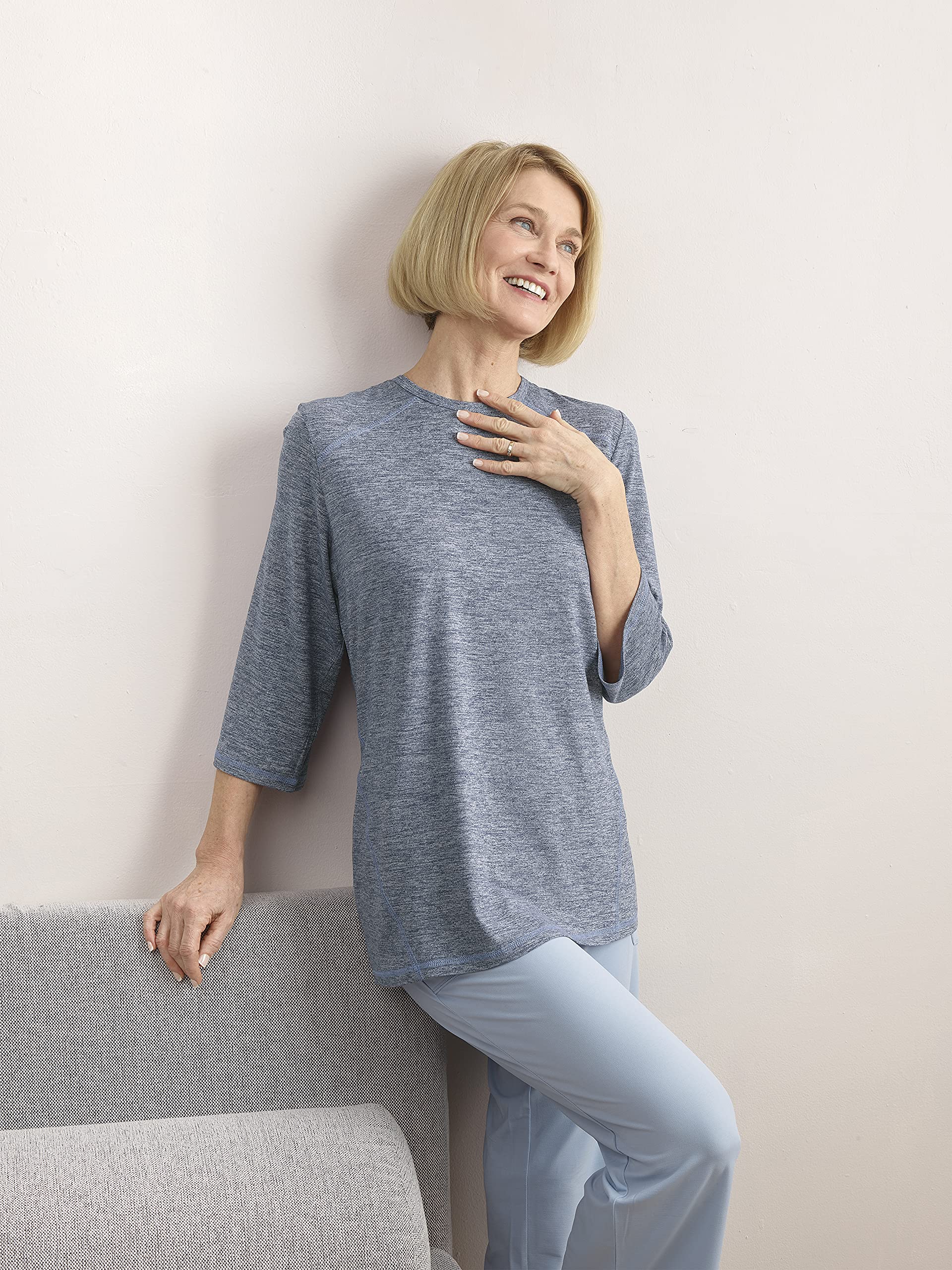 Women’s Open Back Adaptive Active Crew Neck Top for Seniors - 3/4 Long Sleeve Shirt - Heather Indigo MED