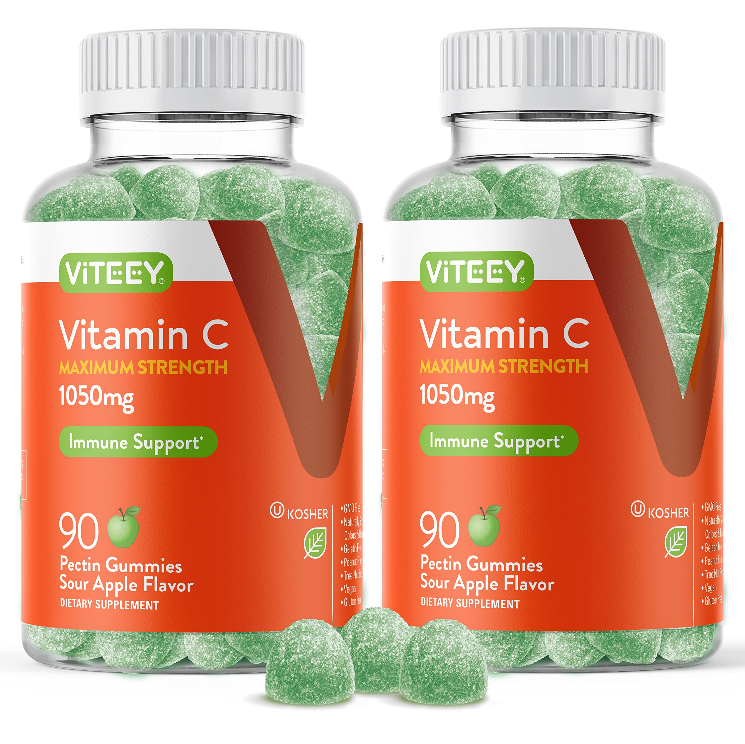 Vitamin C Gummies for Adults & Teens, 1050mg Maximum Strength - Immune Support Gummies - Immune Booster - Vegan, Gelatin Free-Tasty Vitamin C Chewable Sour Apple Flavored Gummy-90 Count (Pack of 2)