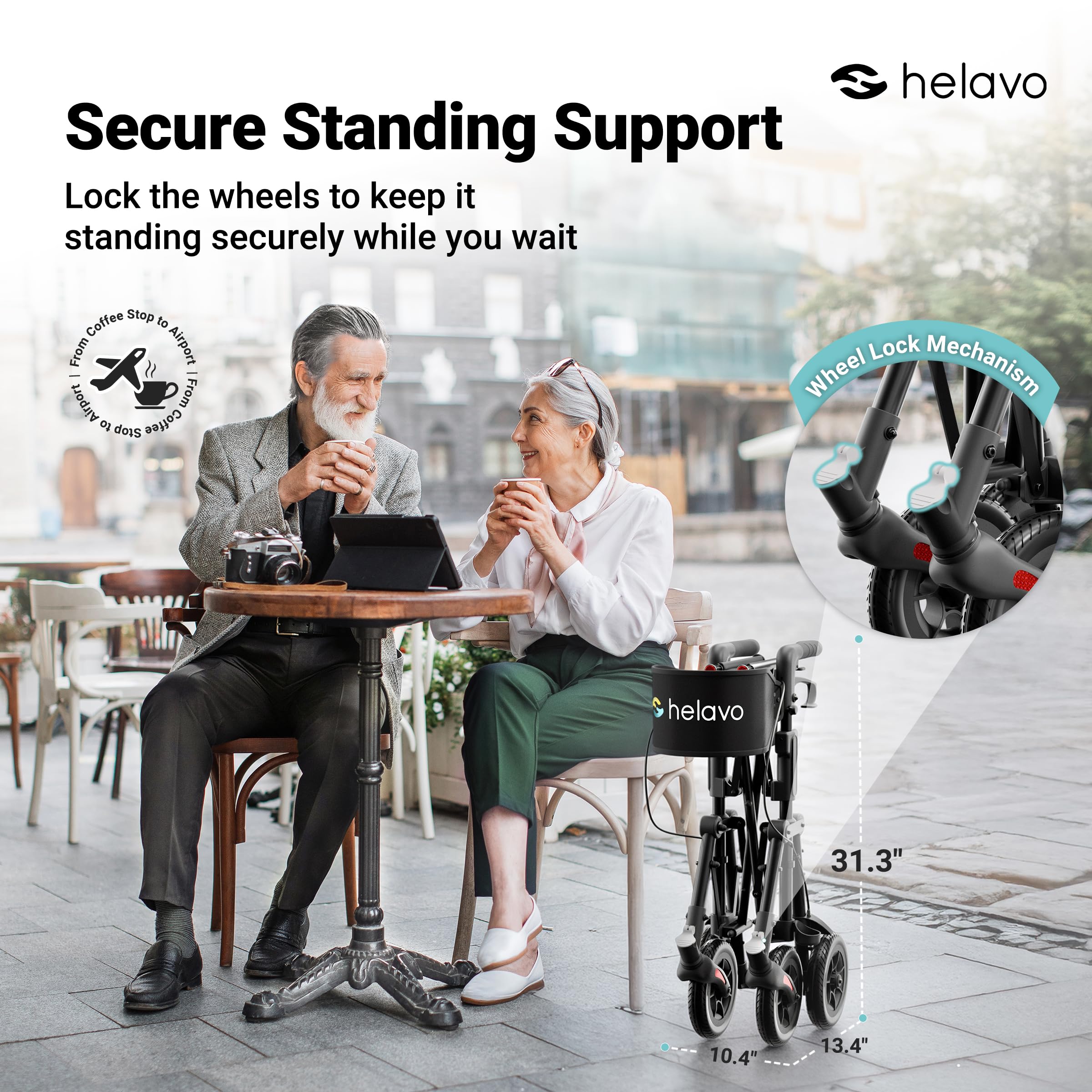 Helavo Ultra-Compact Walker for Seniors with Seat, Fully Assembled Double Folding Rollator, Travel Walker with 8" Rubber Wheels and Height Adjustable Handles