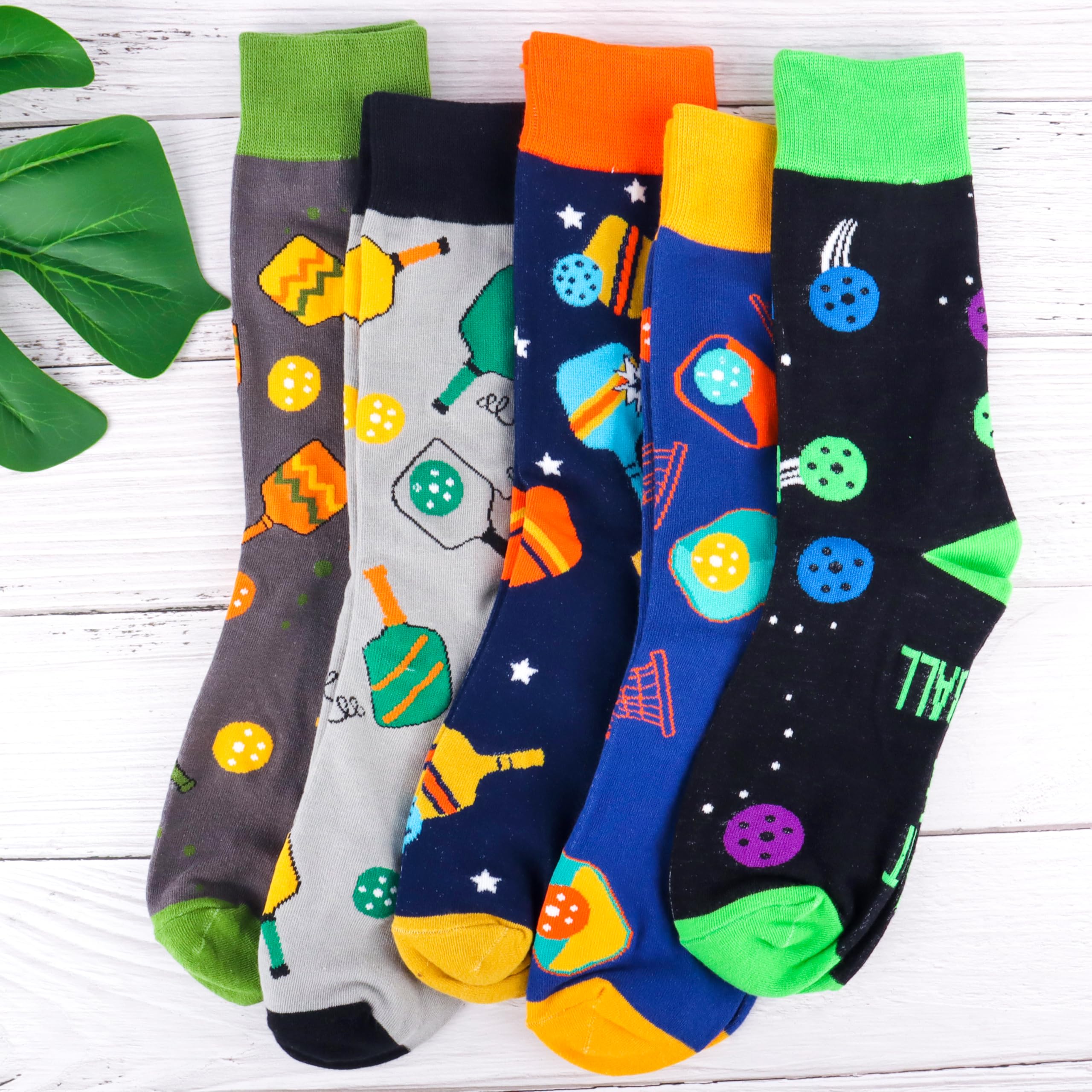 Moyel Pickleball Gifts for Men 5 Pairs Mens Pickleball Socks Funny Socks for Men Fun Novelty Funky Cool Crazy Dress Socks Men’s Crew Socks Pickleball Accessories