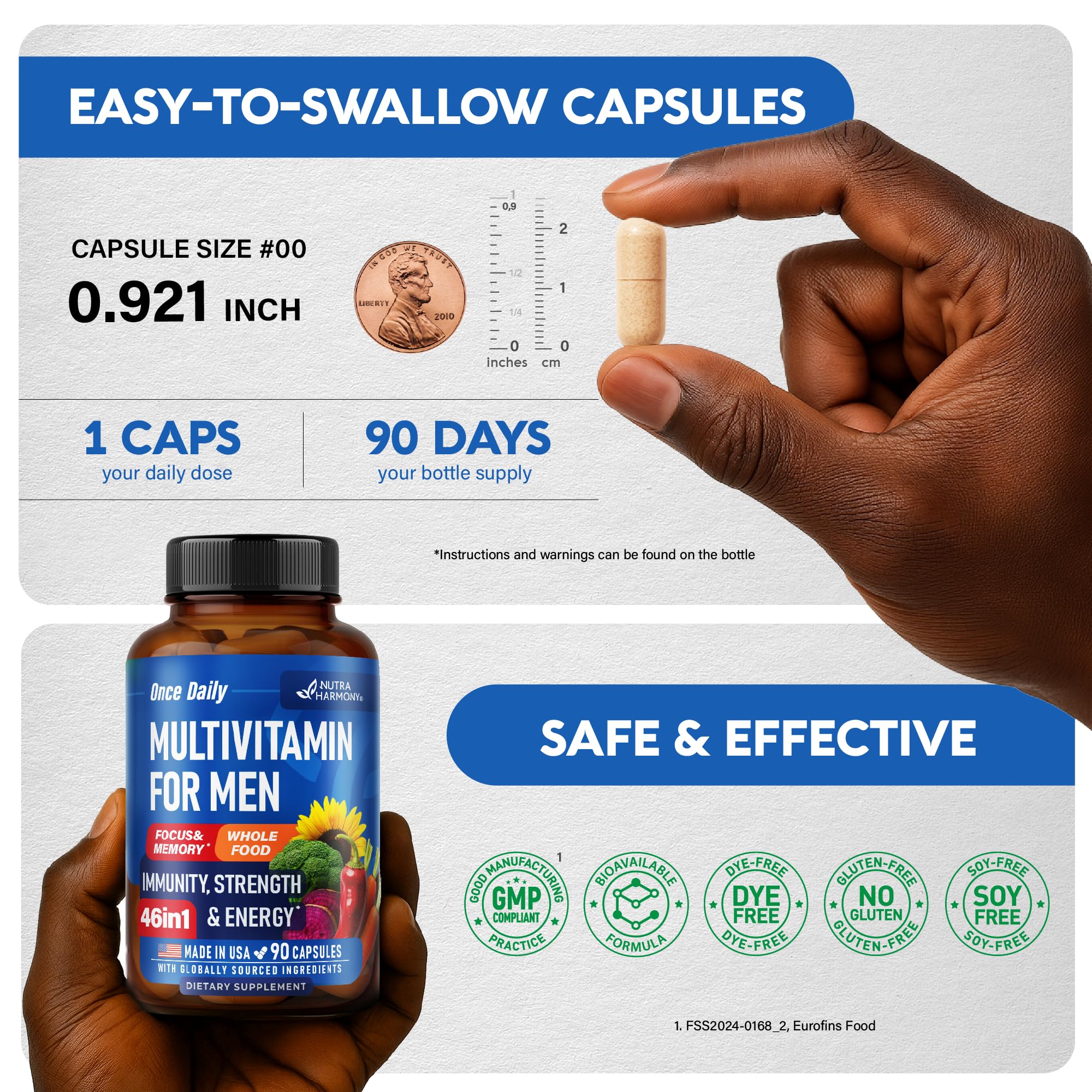 Multivitamin for Men - B-Complex | Whole Foods & Enzymes - Energy, Focus & Brain | Men's Health Complex - 46in1 Mens Multivitamin - Bioavailable & Gentle on Stomach - Made in USA - 90 Capsules, 1/Day