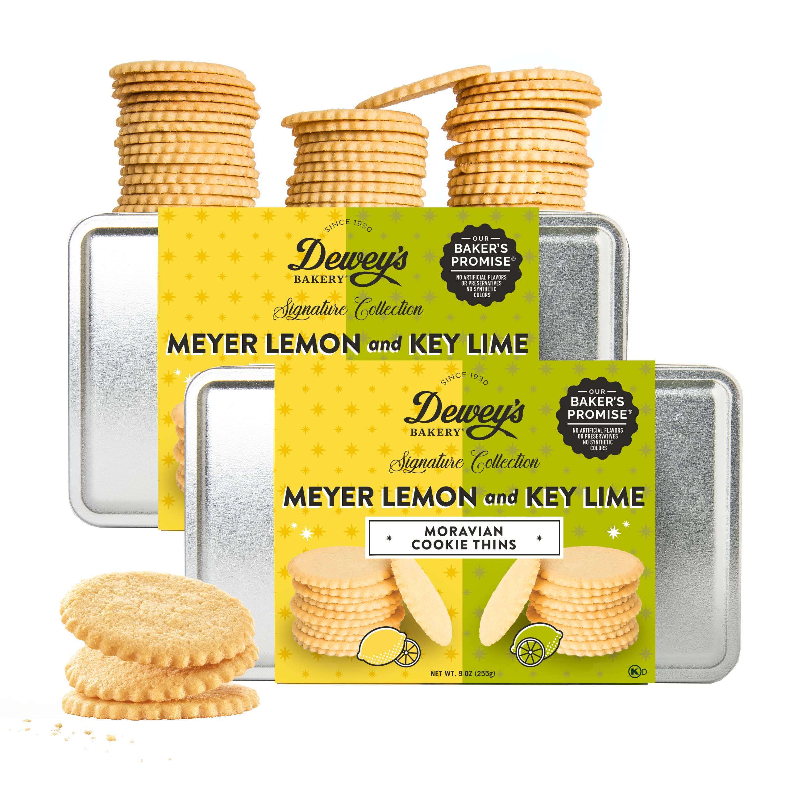 Dewey's Bakery Meyer Lemon and Key Lime Gift Tin Set | Moravian Style Thin Cookies | Baked in Small Batches | Real, Simple Ingredients | Valentine's Day Cookie Food Gift| (Pack of 2)