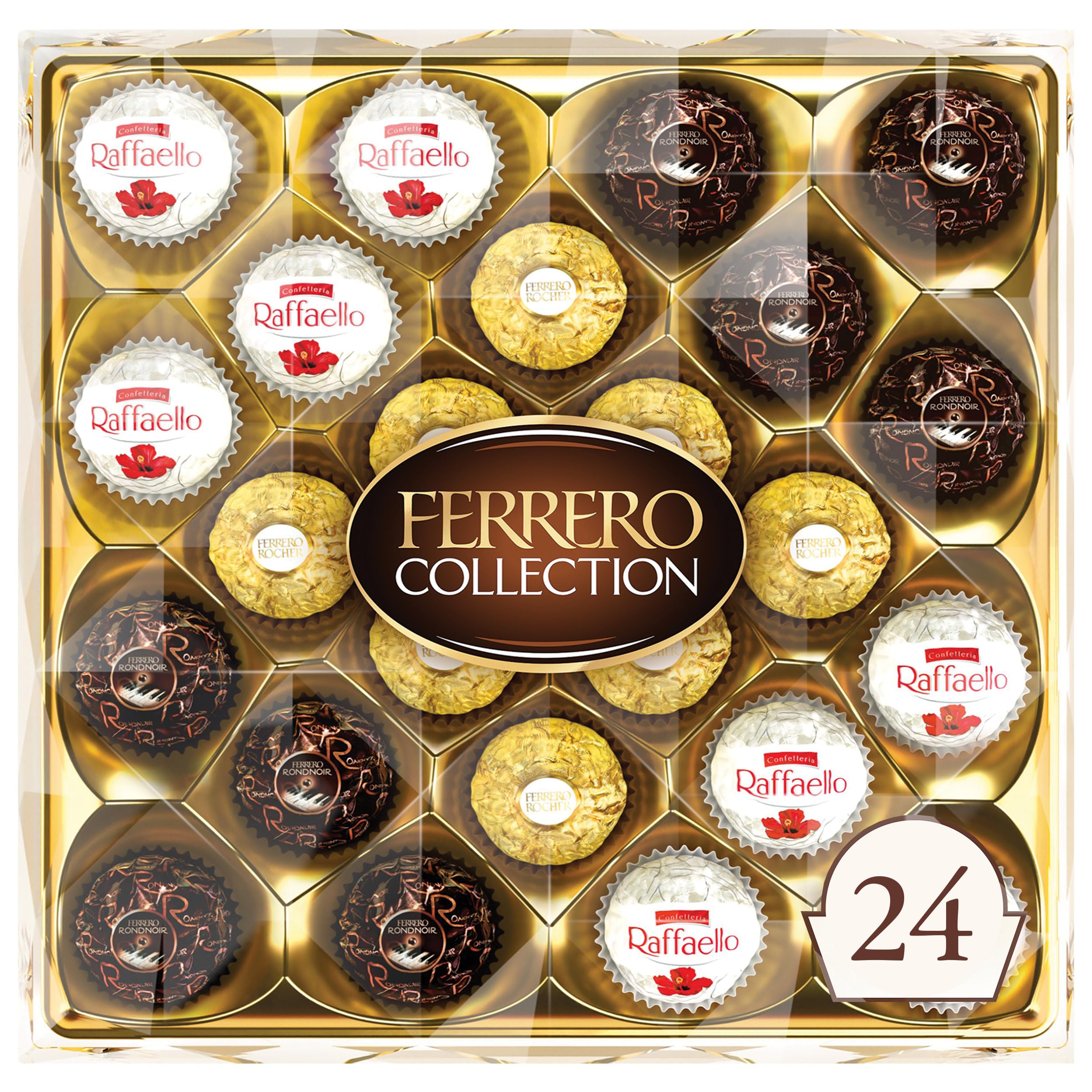 Ferrero Rocher, 24 Count, Premium Gourmet Assorted Hazelnut Milk Chocolate, Dark Chocolate and Coconut Chocolates, Chocolate Gift Box, 9.1 oz