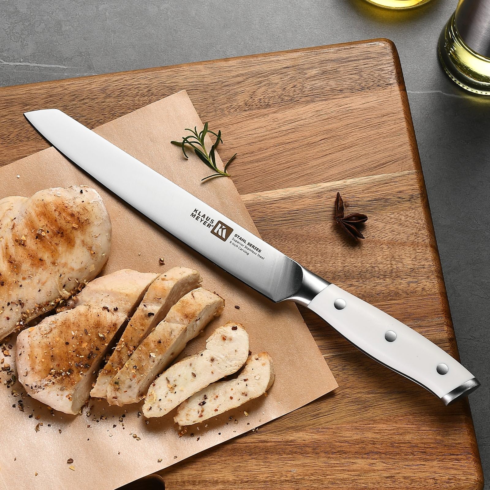 Klaus Meyer 19-Piece Knife Block Set, High Carbon German Stainless Steel (Stahl), Full-Tang Handles with Sharpener, White