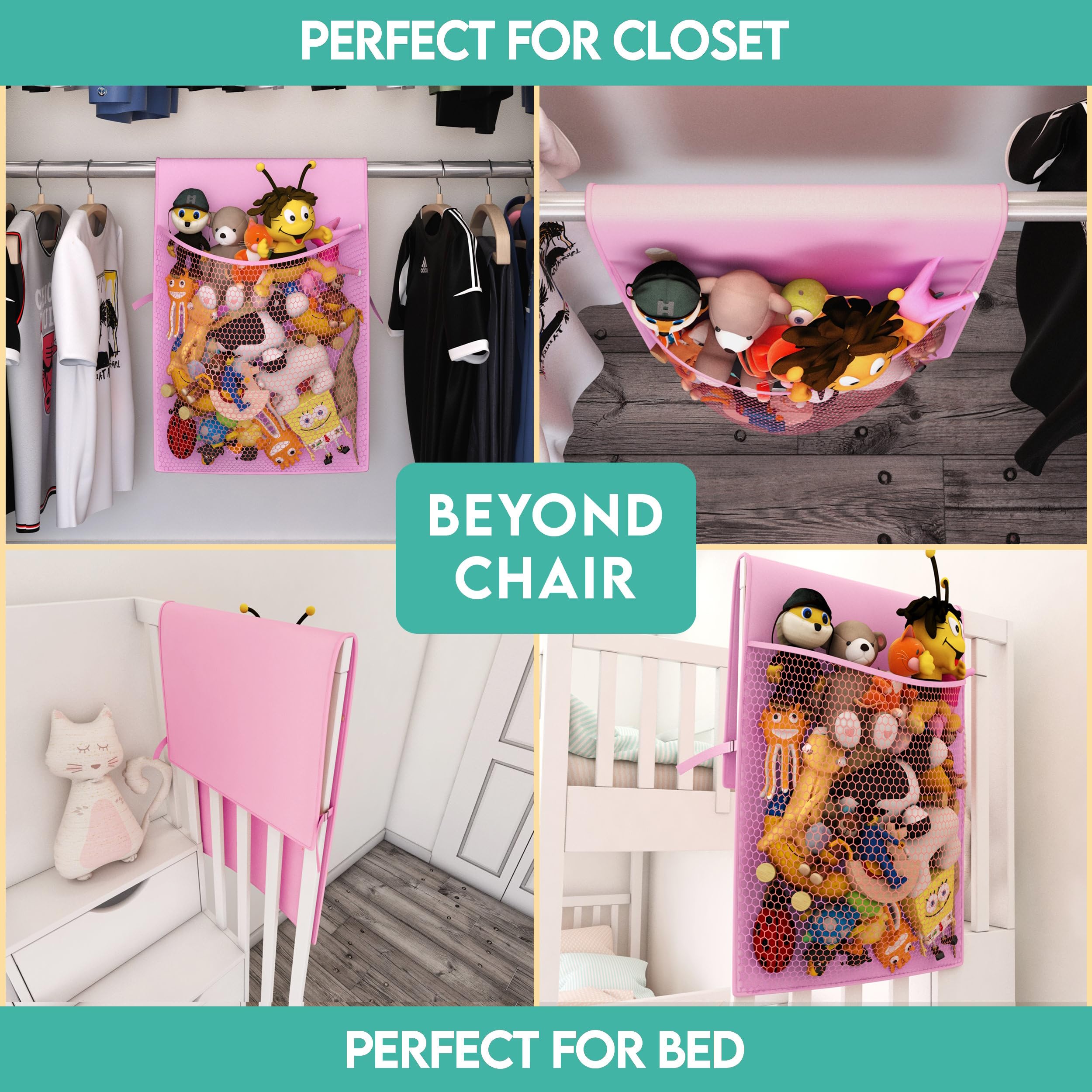 Stuffed Animal Storage Pocket for Closet and Chair Caddy Organizer for Stuffier, Baby Ideas Holder, Toy Plush Storage/Hammock Hanging Storage Net Big Girls Toddler Large Bag Animals Pink