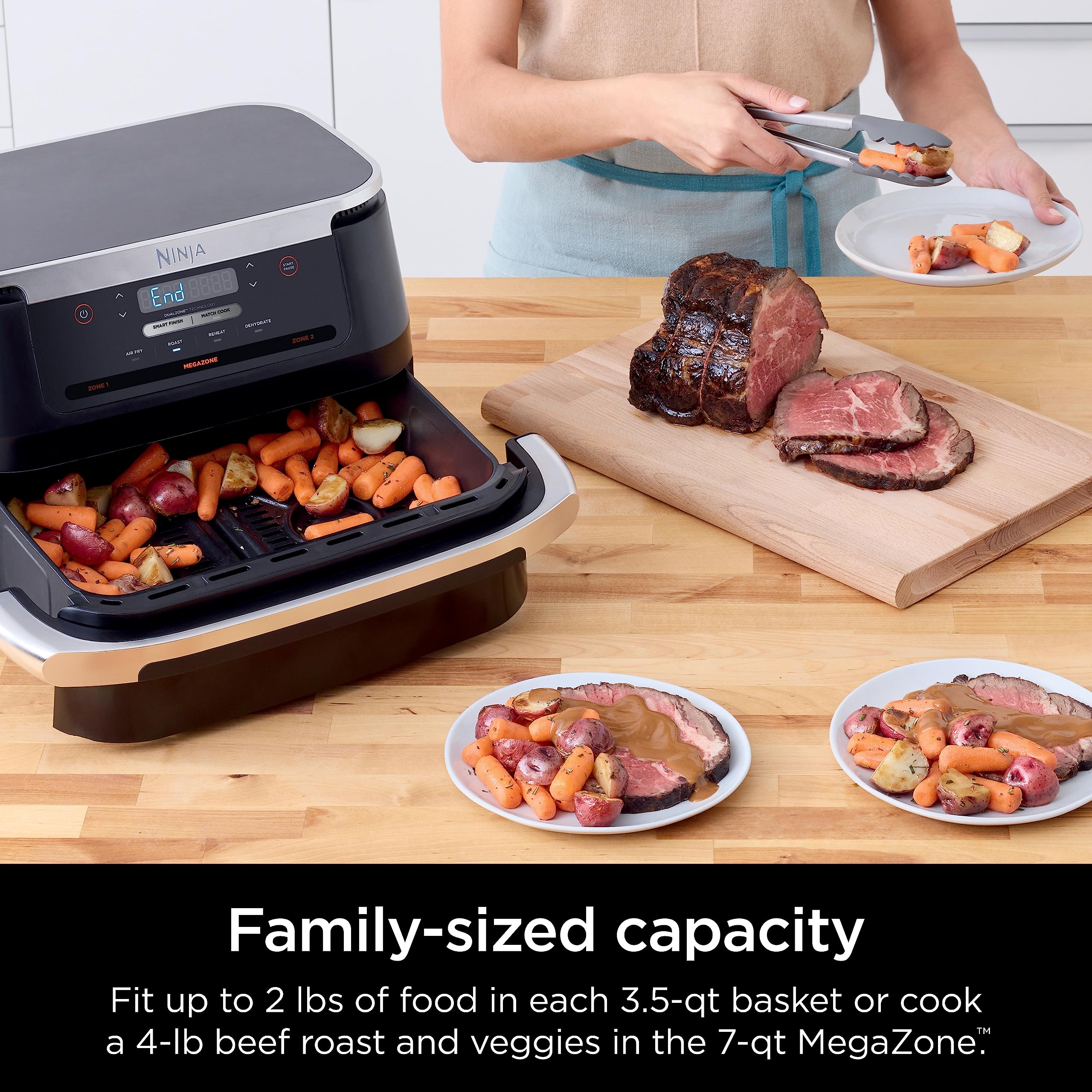 Ninja DZ071 Foodi 6-in-1 FlexBasket Air Fryer with 7-QT MegaZone & Basket Divider for Large Proteins & Full Meals, Smart Finish Cook 2 Foods 2 Ways, Family Sized Capacity, Air Fry, Roast & More, Black