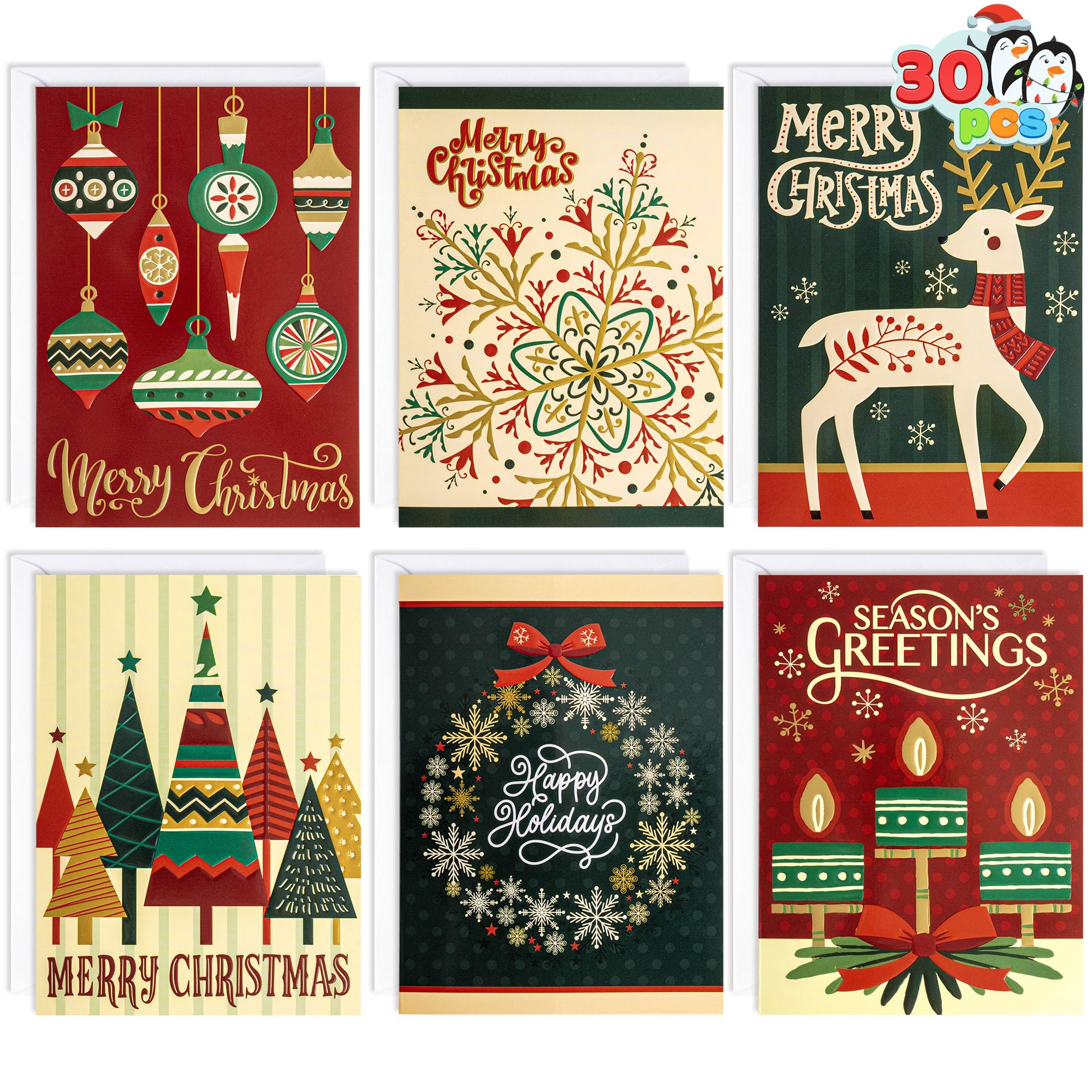 JOYIN 30 PCS Boxed Christmas Cards Assortment Elegant Icons With Envelopes, Diverse Festive 6 Designs for Winter Holiday Xmas Season Merry Christmas Cards, Present Giving, Wintertime Gifts Cards