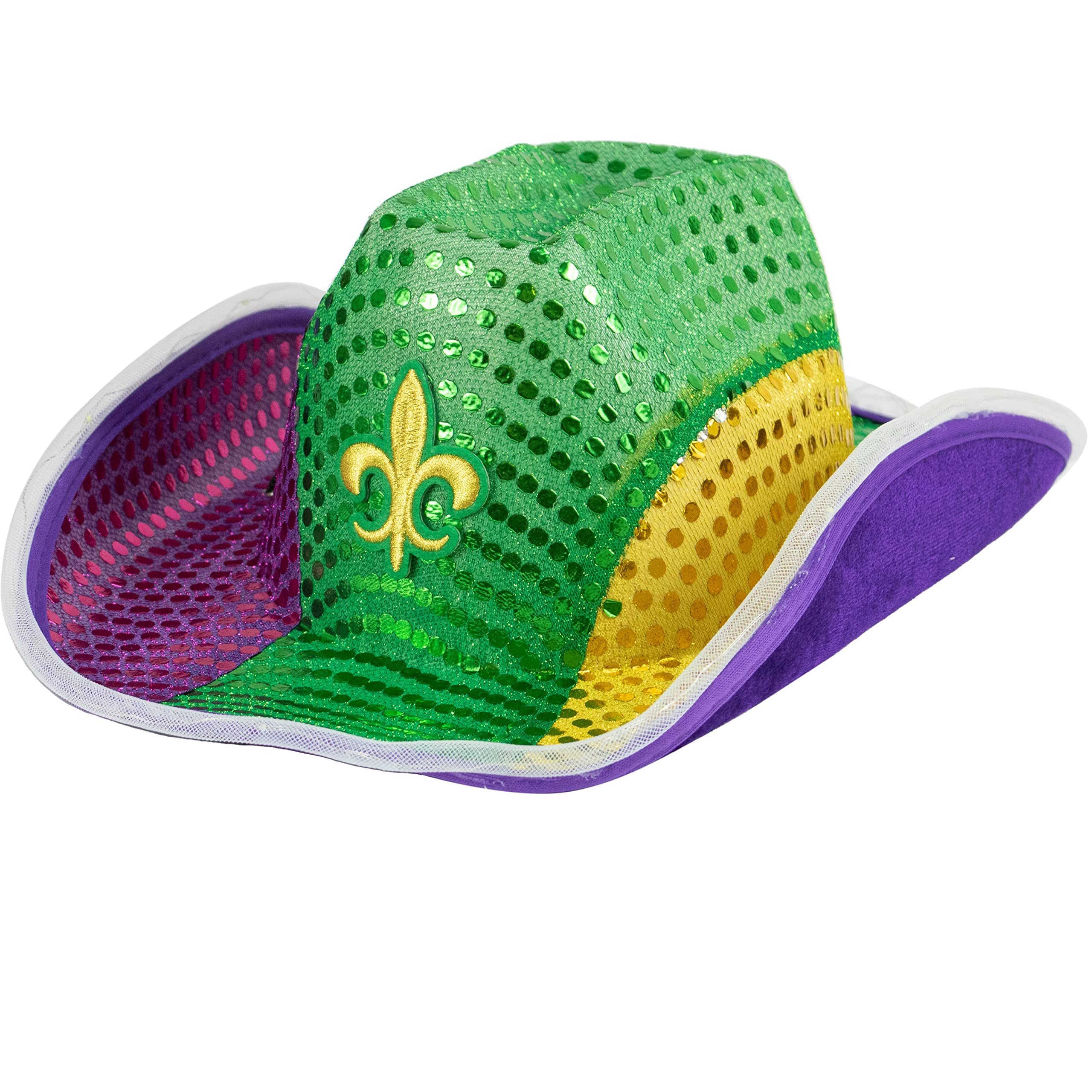 GiftExpress Adult LED Light-Up Sequin Cowboy Hat, Mardi Gras Costume Accessory, Shiny Purple, Green and Gold Colors