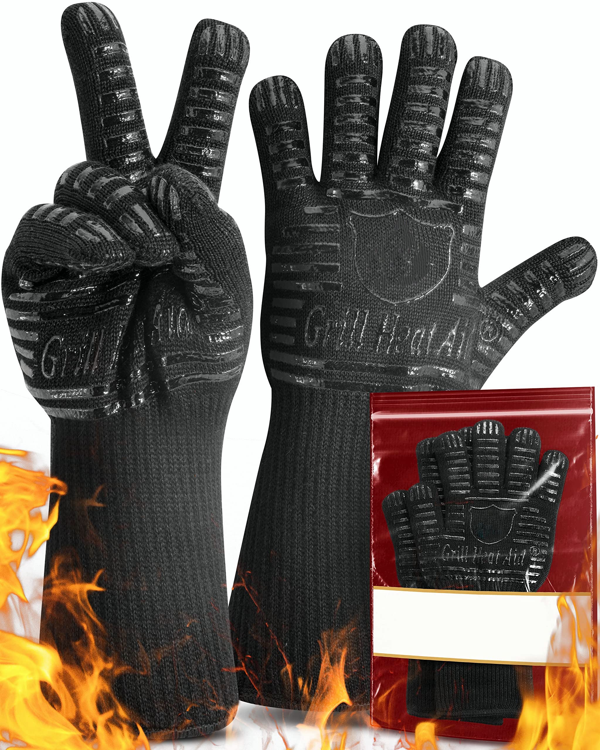 Heat Resistant Silicone BBQ Gloves - Fire Protection up to 1472°F - Insulated Glove Set for Hot Barbecue, Grill, Smoker, Baking, Cooking, and Cutting - Indoor or Outdoor Mitts Fit Men and Women