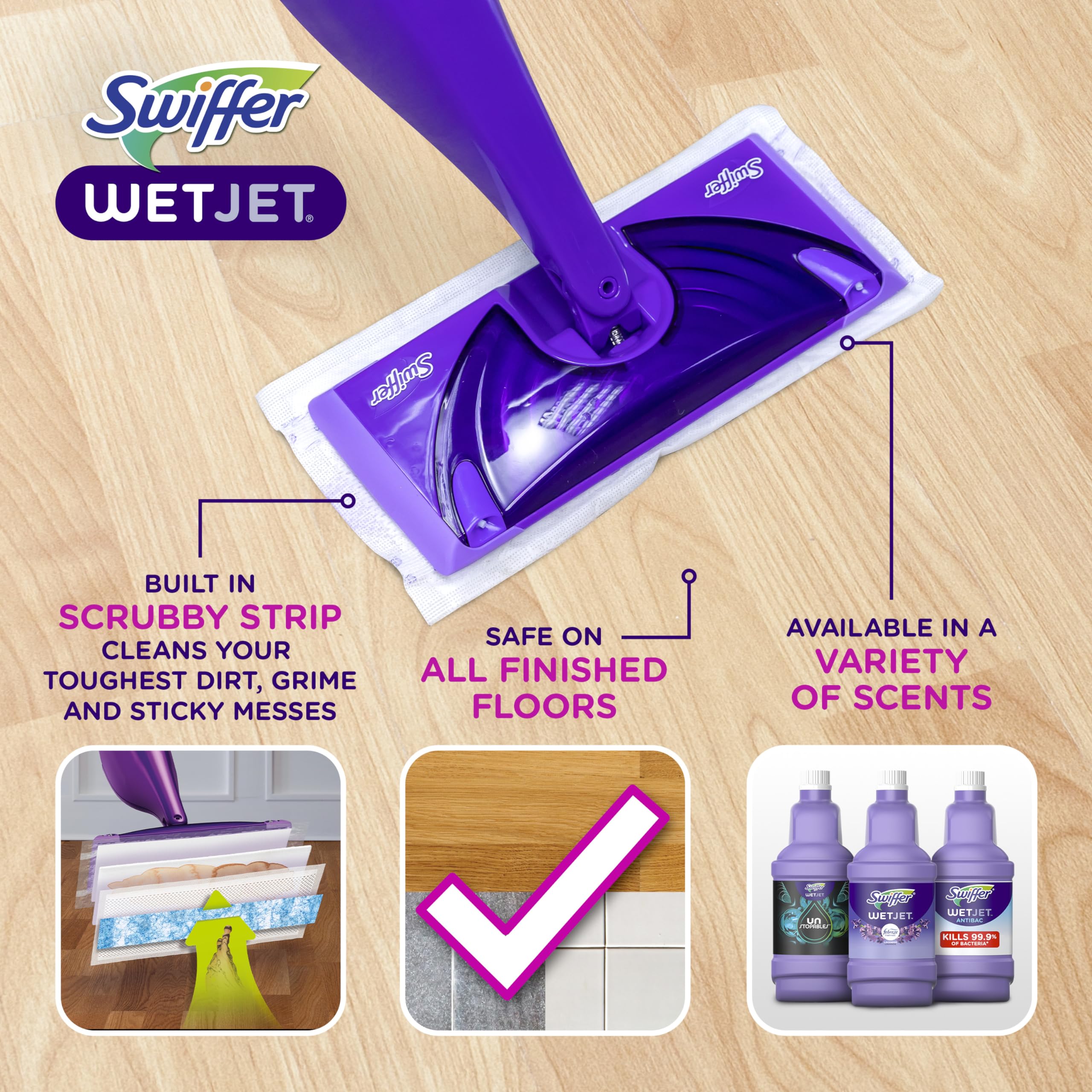 Swiffer WetJet Hardwood and Floor Spray Mop Cleaner Starter Kit, Includes: 1 Power Mop, 10 Pads, Cleaning Solution, Batteries