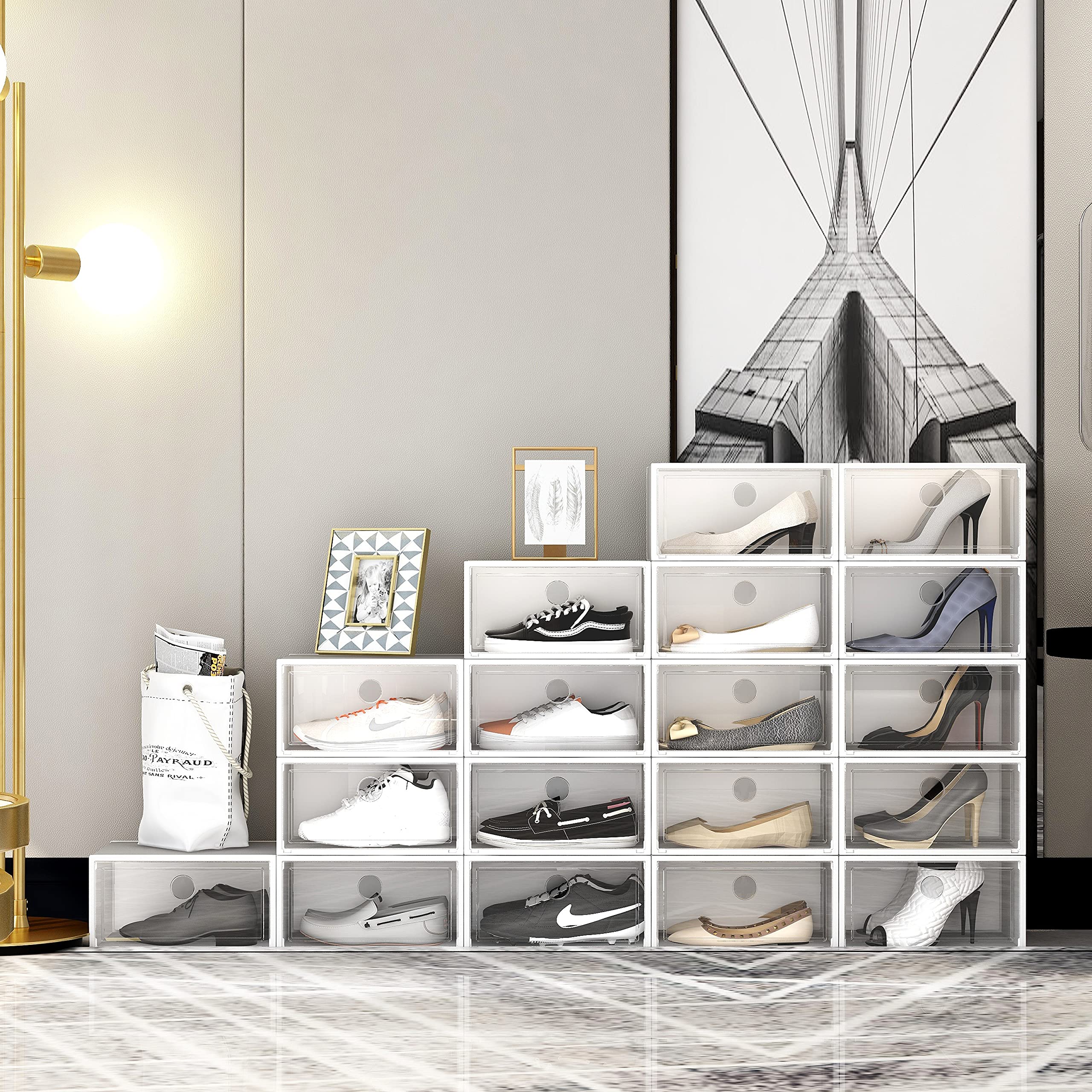 SEE SPRING XX-Large Shoe Storage Box Fit Size 13, Clear Plastic Stackable Shoe Organizer for Closet, Space Saving Sneaker Shoe Rack Containers Bins Holders for Entryway, Under Bed, 12 Pack Clear
